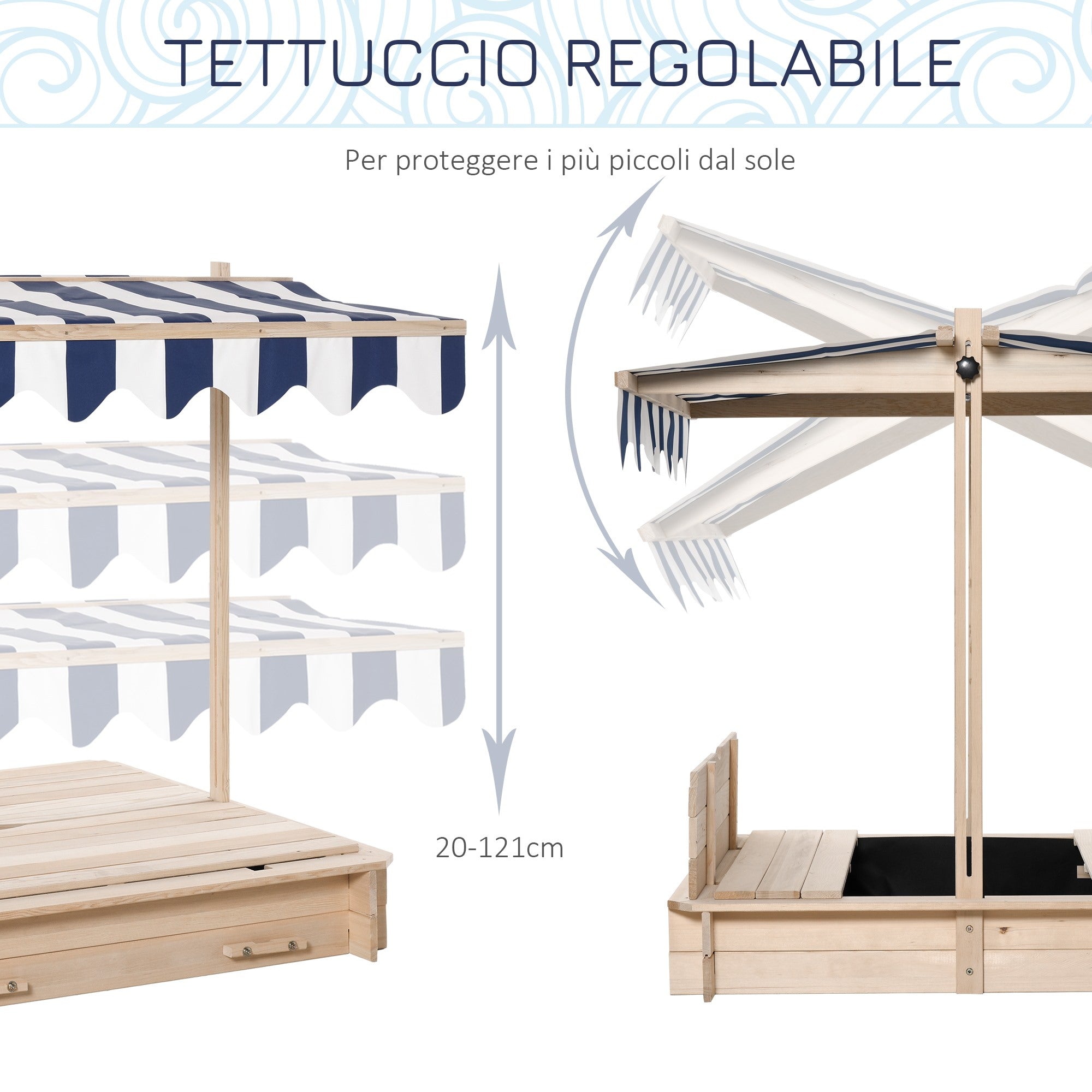 Easycomfort Sabbiera per Bambini in Legno with Tettuccio Parasole, Panca e Coperchio, 106x106x121cm white e Blu
