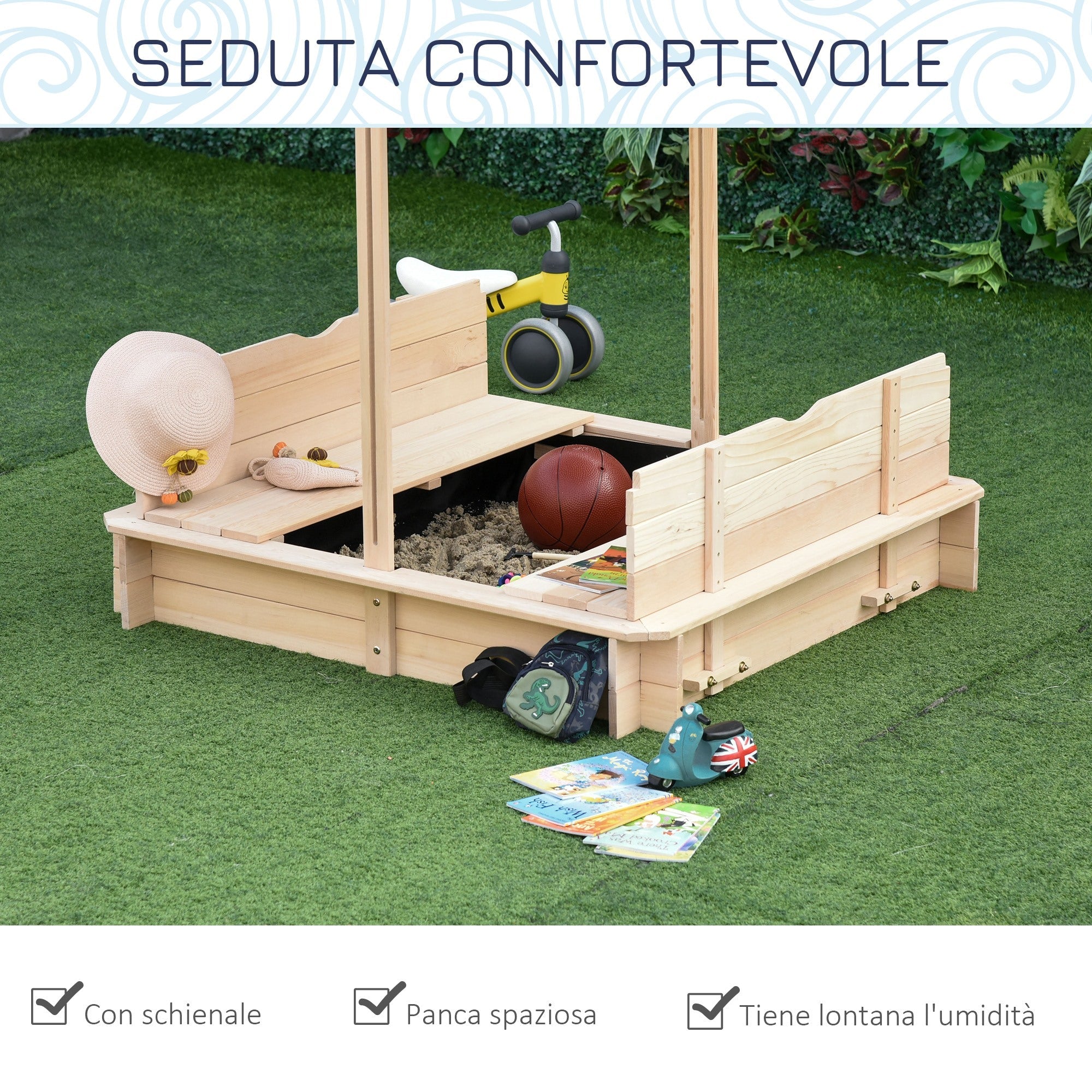Easycomfort Sabbiera per Bambini in Legno with Tettuccio Parasole, Panca e Coperchio, 106x106x121cm white e Blu