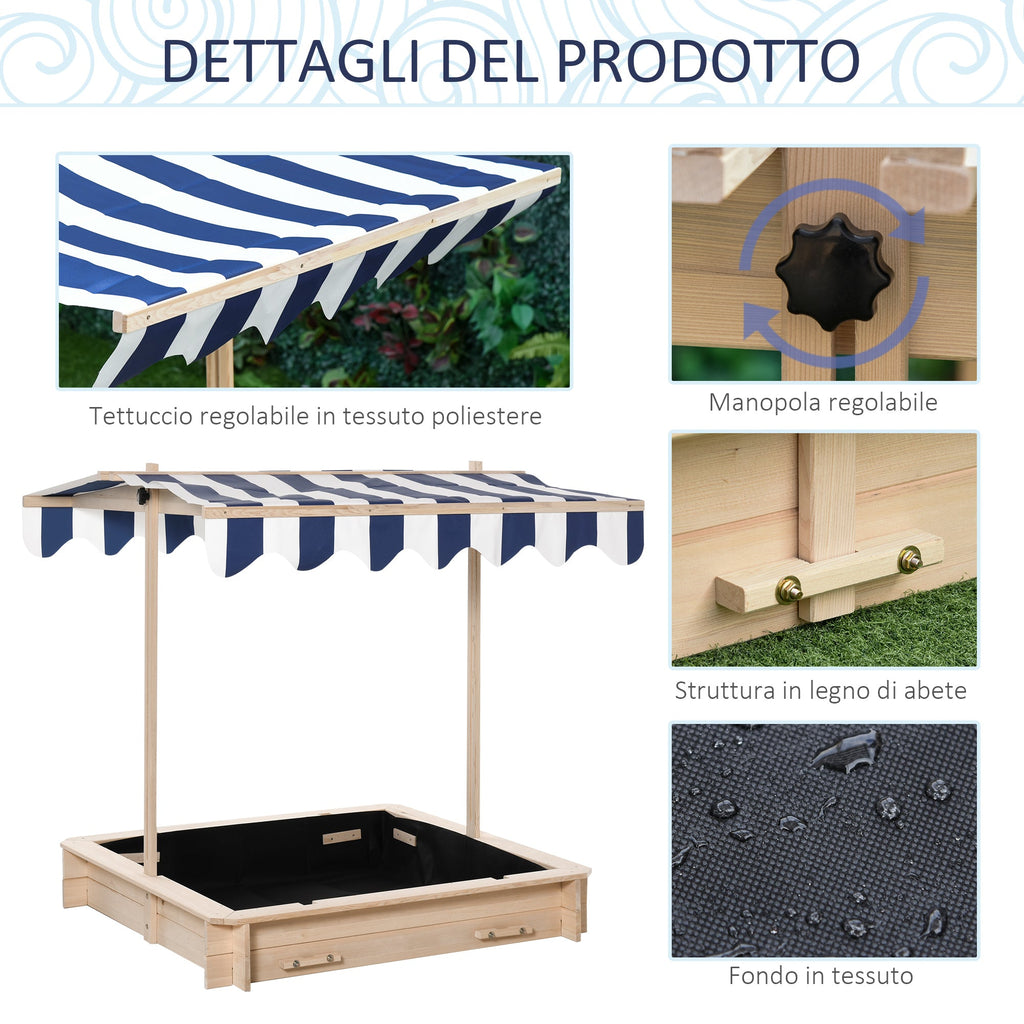 Easycomfort Sabbiera per Bambini in Legno with Tettuccio Parasole, Panca e Coperchio, 106x106x121cm white e Blu