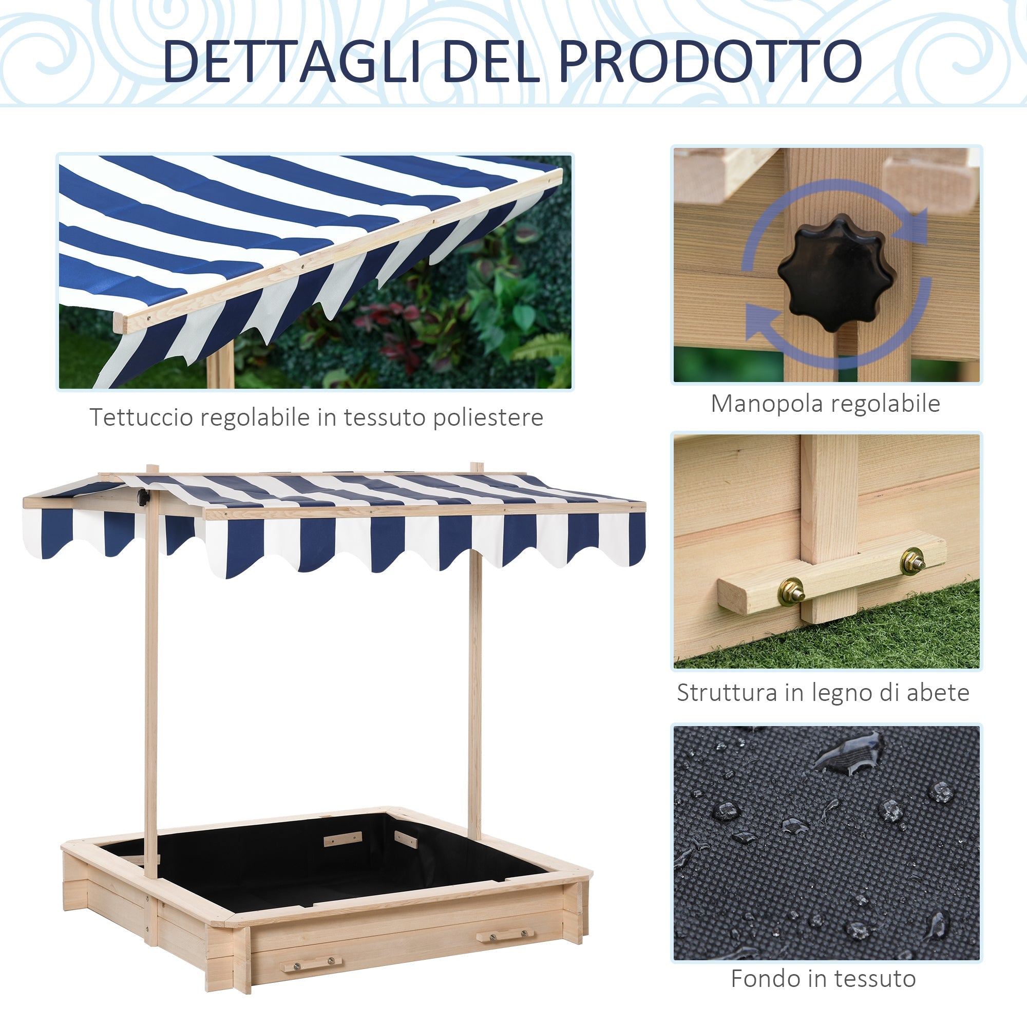 Easycomfort Sabbiera per Bambini in Legno with Tettuccio Parasole, Panca e Coperchio, 106x106x121cm white e Blu