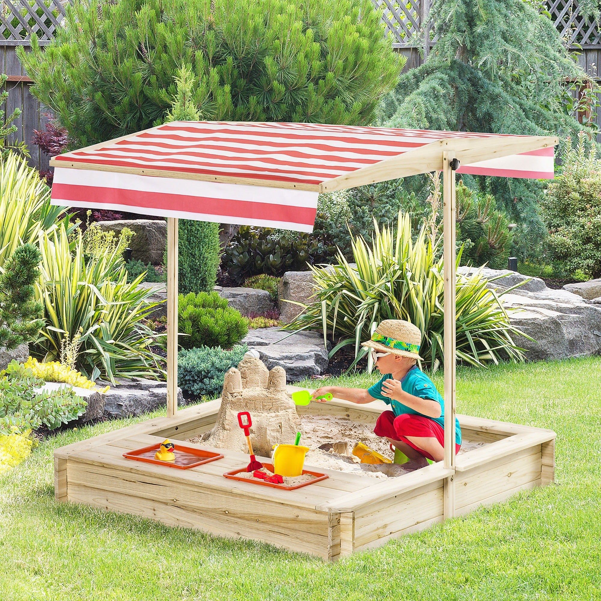 Easycomfort Sabbiera per Bambini 3-8 Anni with Tettuccio Regolabile, in Legno di Abete e Poliestere, 118x118x118 cm