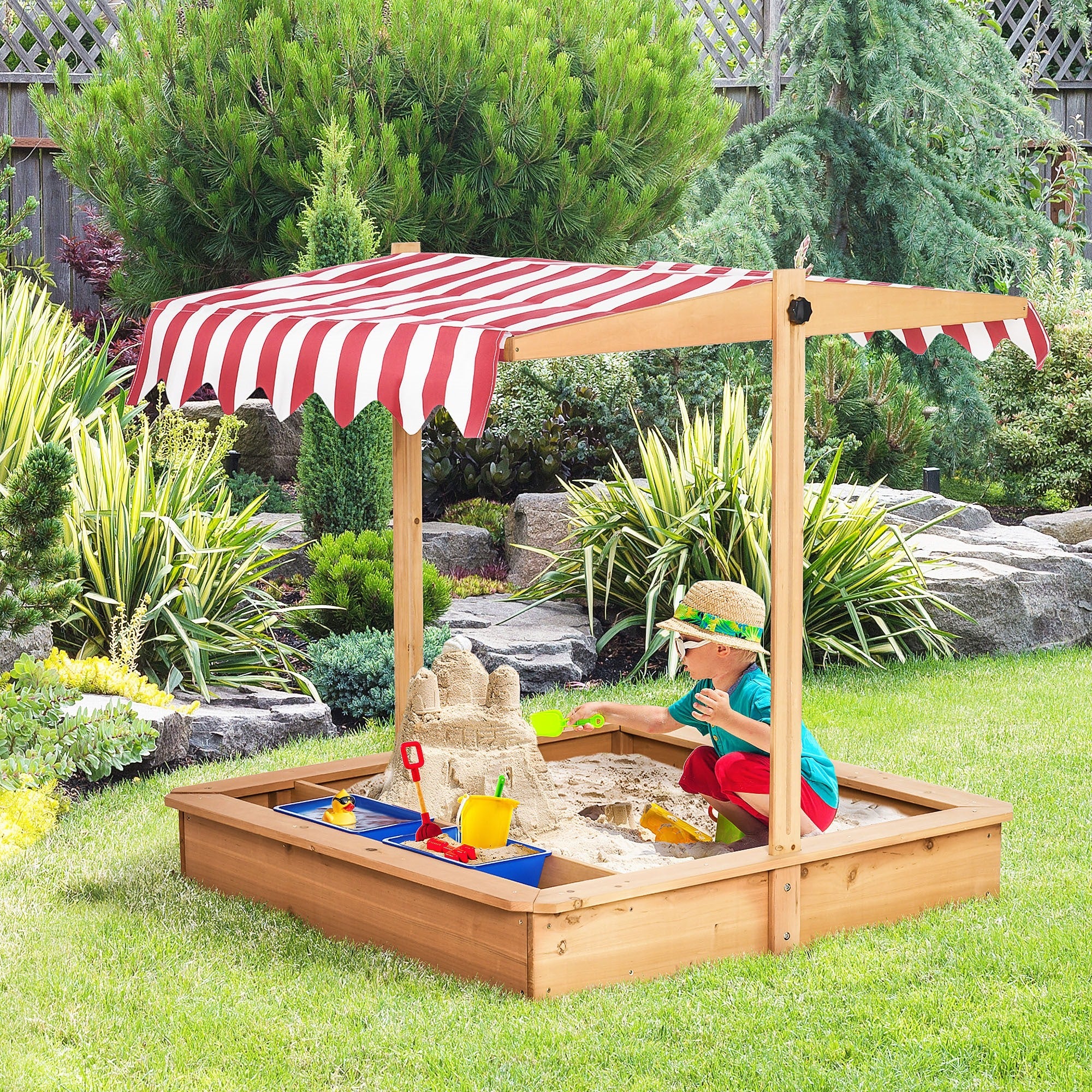 Easycomfort Sabbiera per Bambini in Legno with Tettuccio Regolabile, Sedute e Vaschette, 107.5x107.5x100 cm