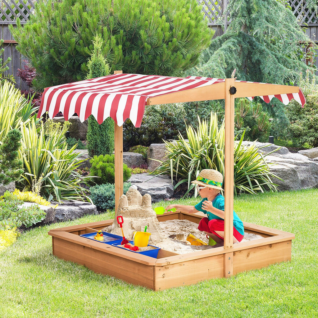 Easycomfort Sabbiera per Bambini in Legno with Tettuccio Regolabile, Sedute e Vaschette, 107.5x107.5x100 cm