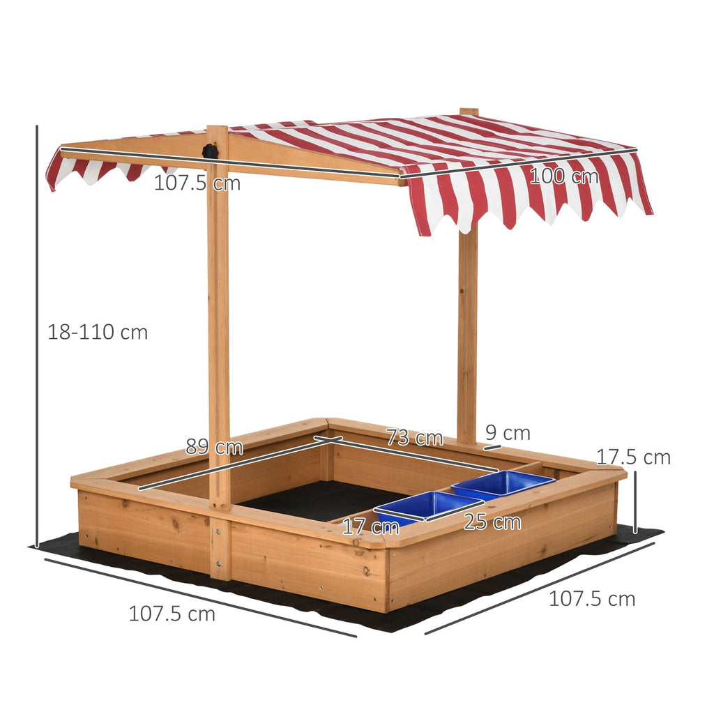Easycomfort Sabbiera per Bambini in Legno with Tettuccio Regolabile, Sedute e Vaschette, 107.5x107.5x100 cm