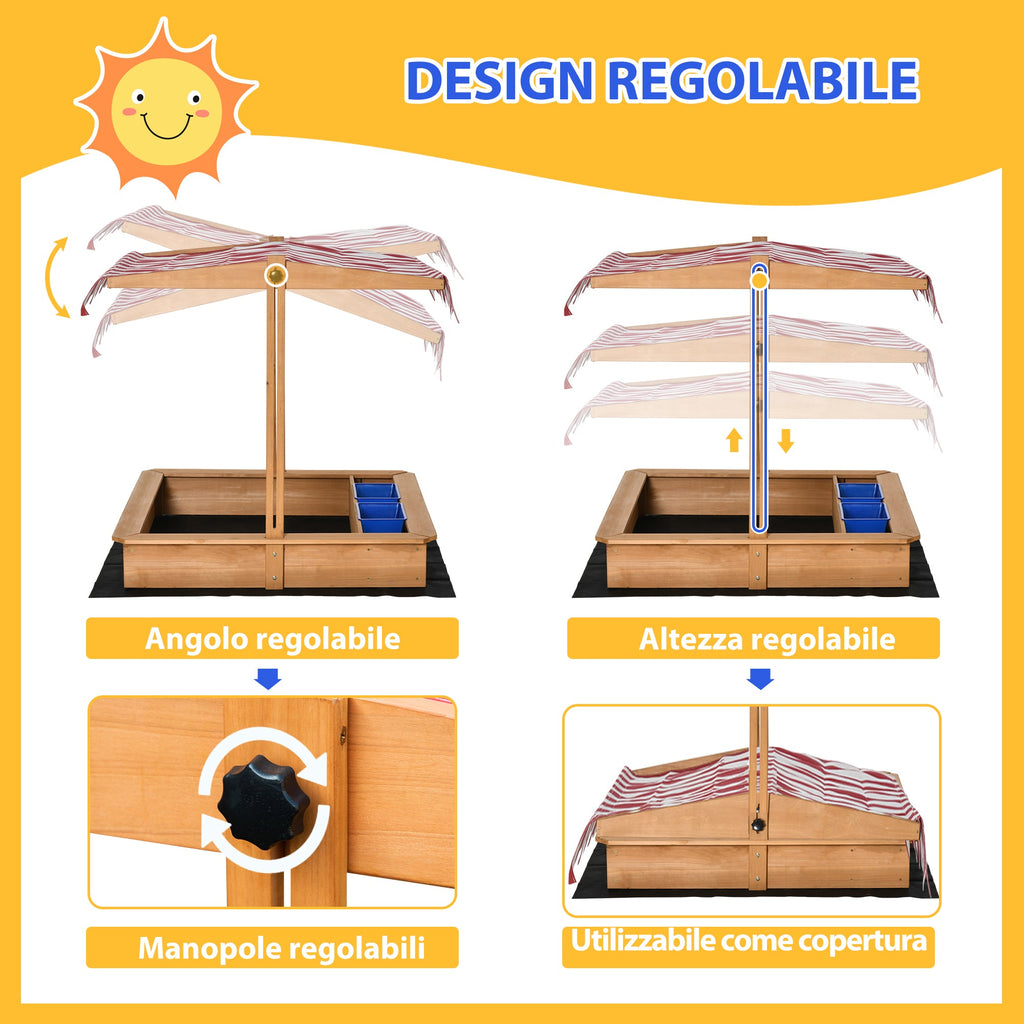 Easycomfort Sabbiera per Bambini in Legno with Tettuccio Regolabile, Sedute e Vaschette, 107.5x107.5x100 cm