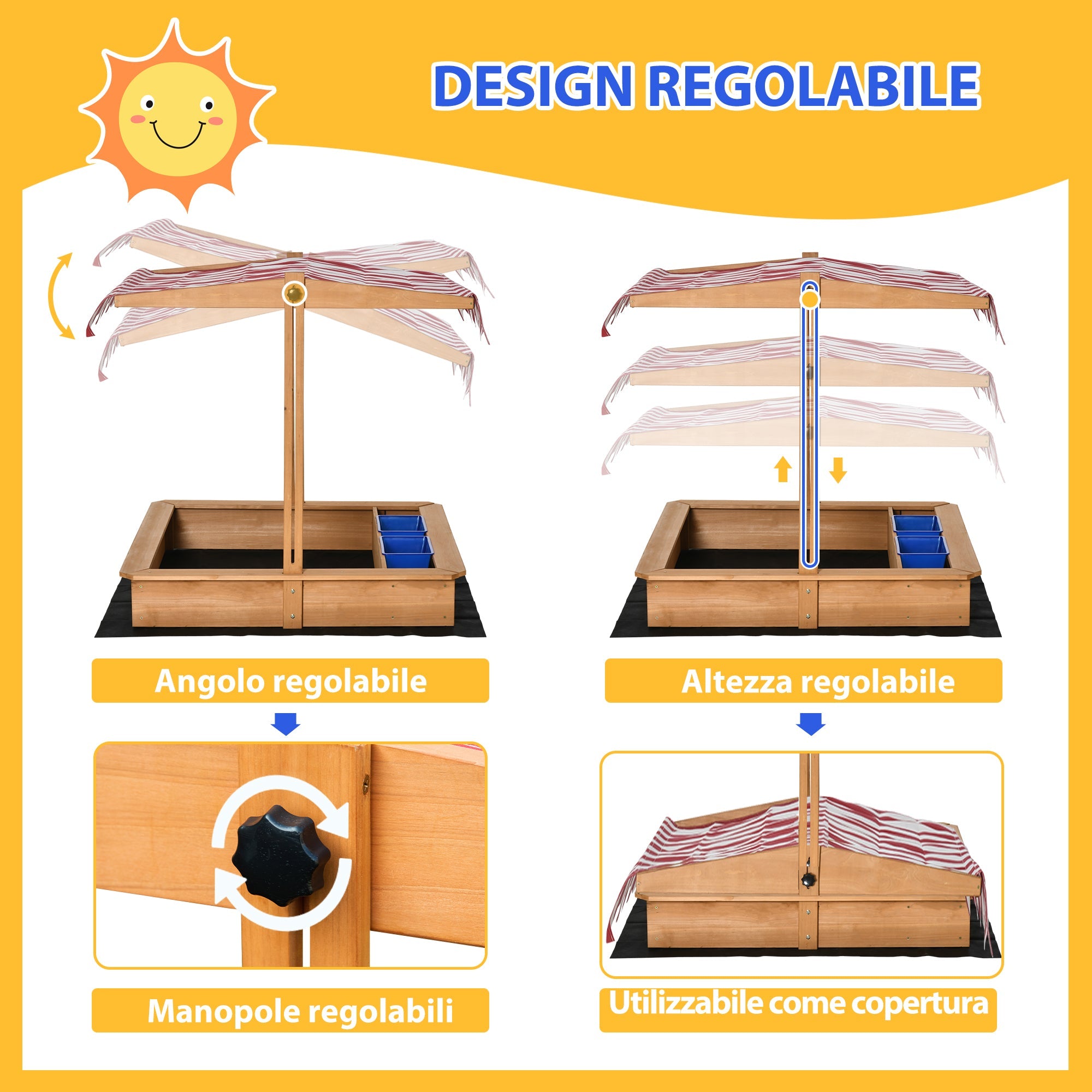 Easycomfort Sabbiera per Bambini in Legno with Tettuccio Regolabile, Sedute e Vaschette, 107.5x107.5x100 cm