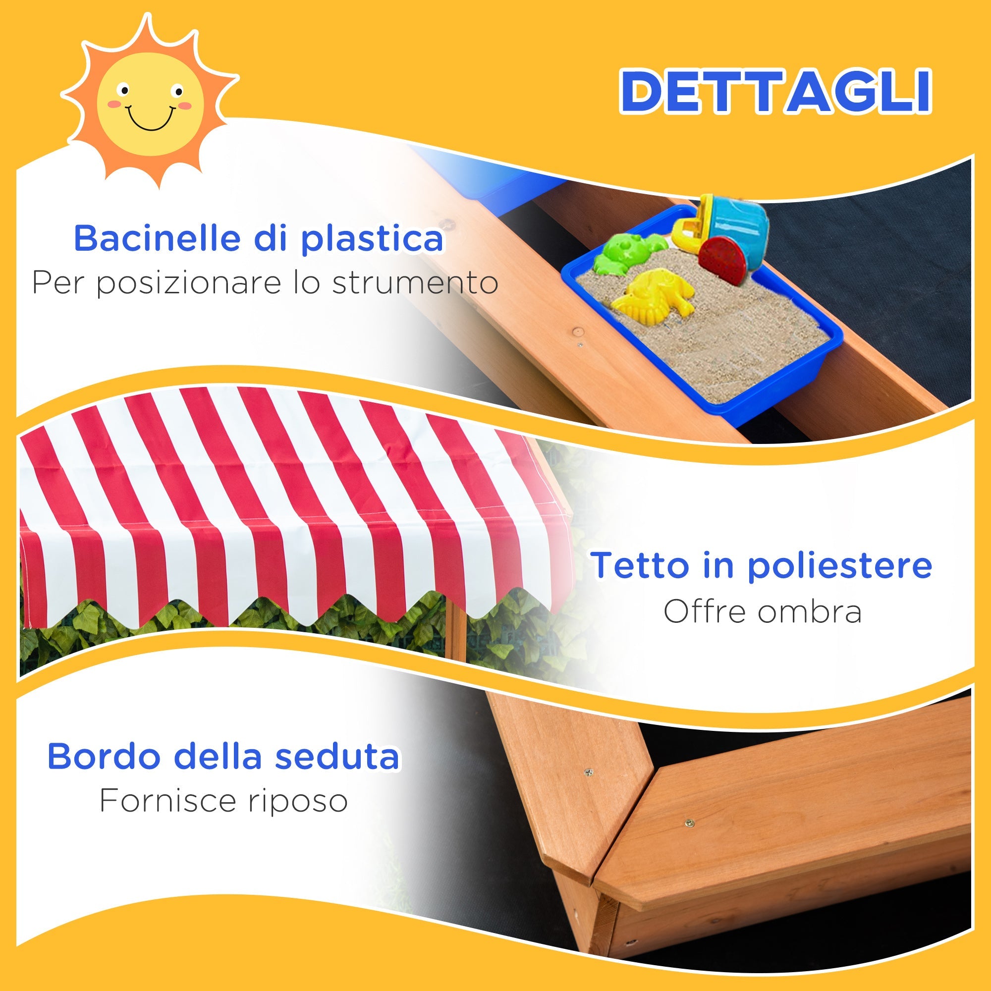 Easycomfort Sabbiera per Bambini in Legno with Tettuccio Regolabile, Sedute e Vaschette, 107.5x107.5x100 cm