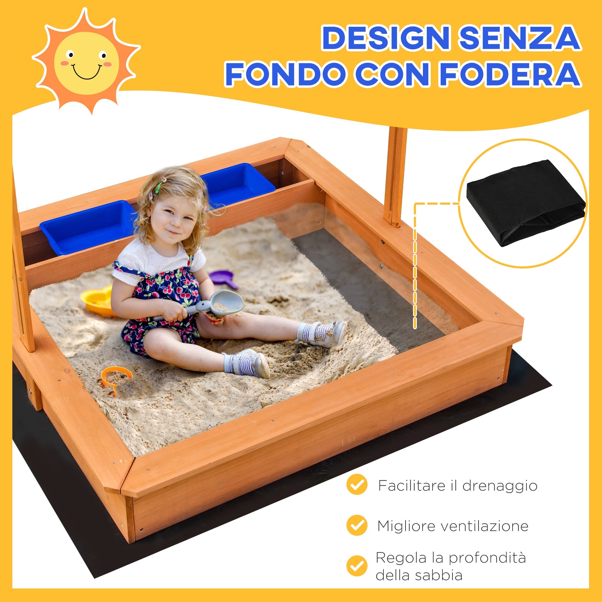 Easycomfort Sabbiera per Bambini in Legno with Tettuccio Regolabile, Sedute e Vaschette, 107.5x107.5x100 cm