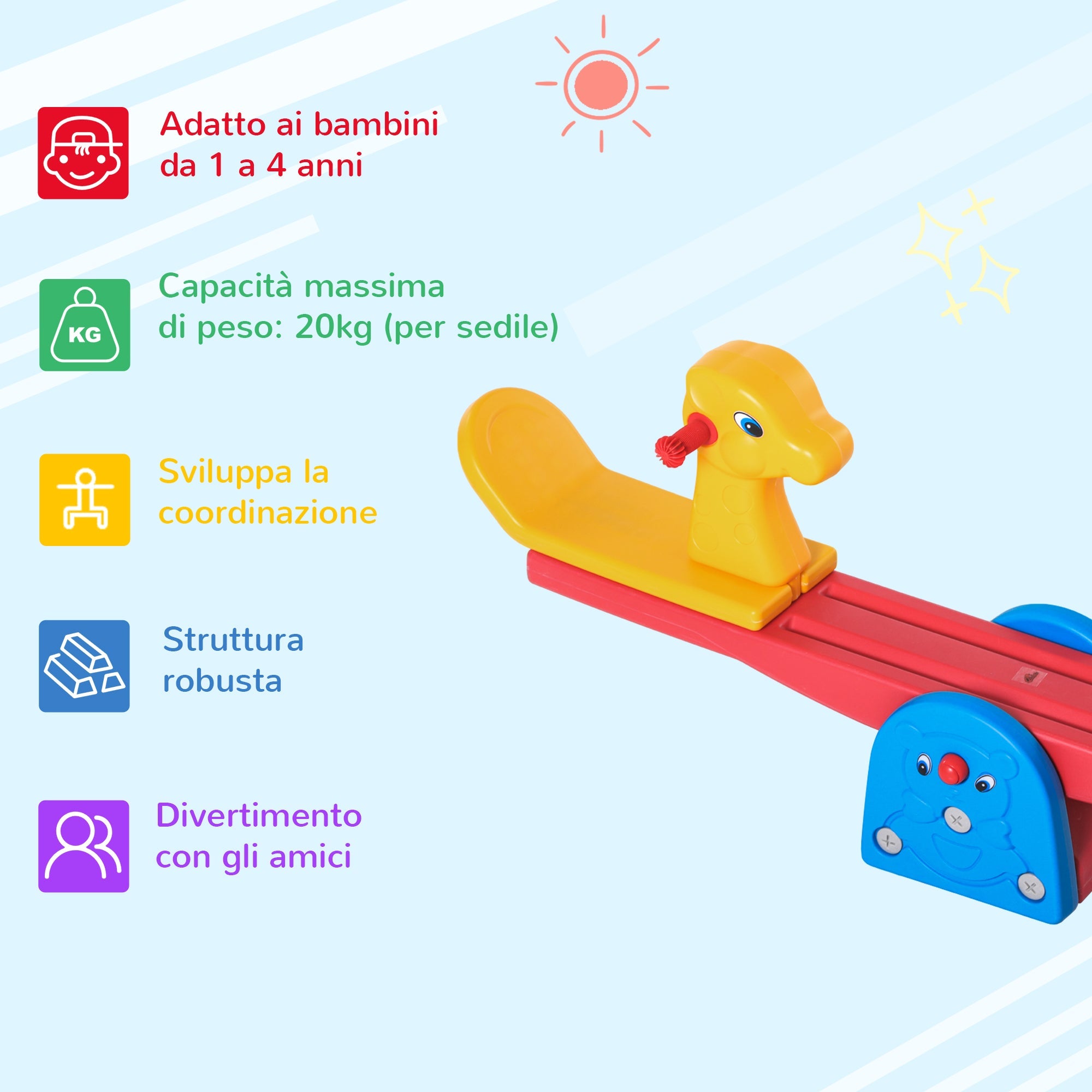 Easycomfort Altalena a Bilico with Maniglie Antiscivolo per Bambini Età 1-4 Anni, Plastica HDPE Atossica, 150x32x60cm, Multicolore