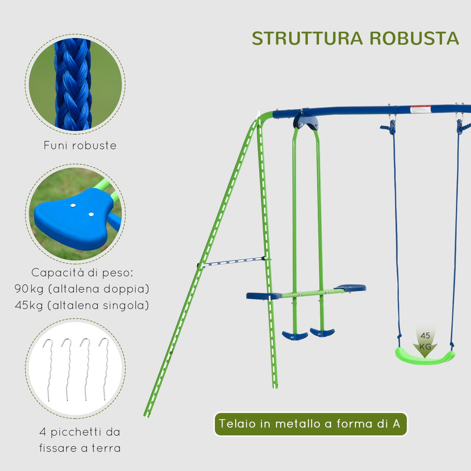 Easycomfort Set Altalene da Giardino per 4 Bambini, 1 Altalena Doppia e 2 Altalene Singole, Capacità di peso 45kg (Altalena) 180kg (Totale), 280x140x178cm