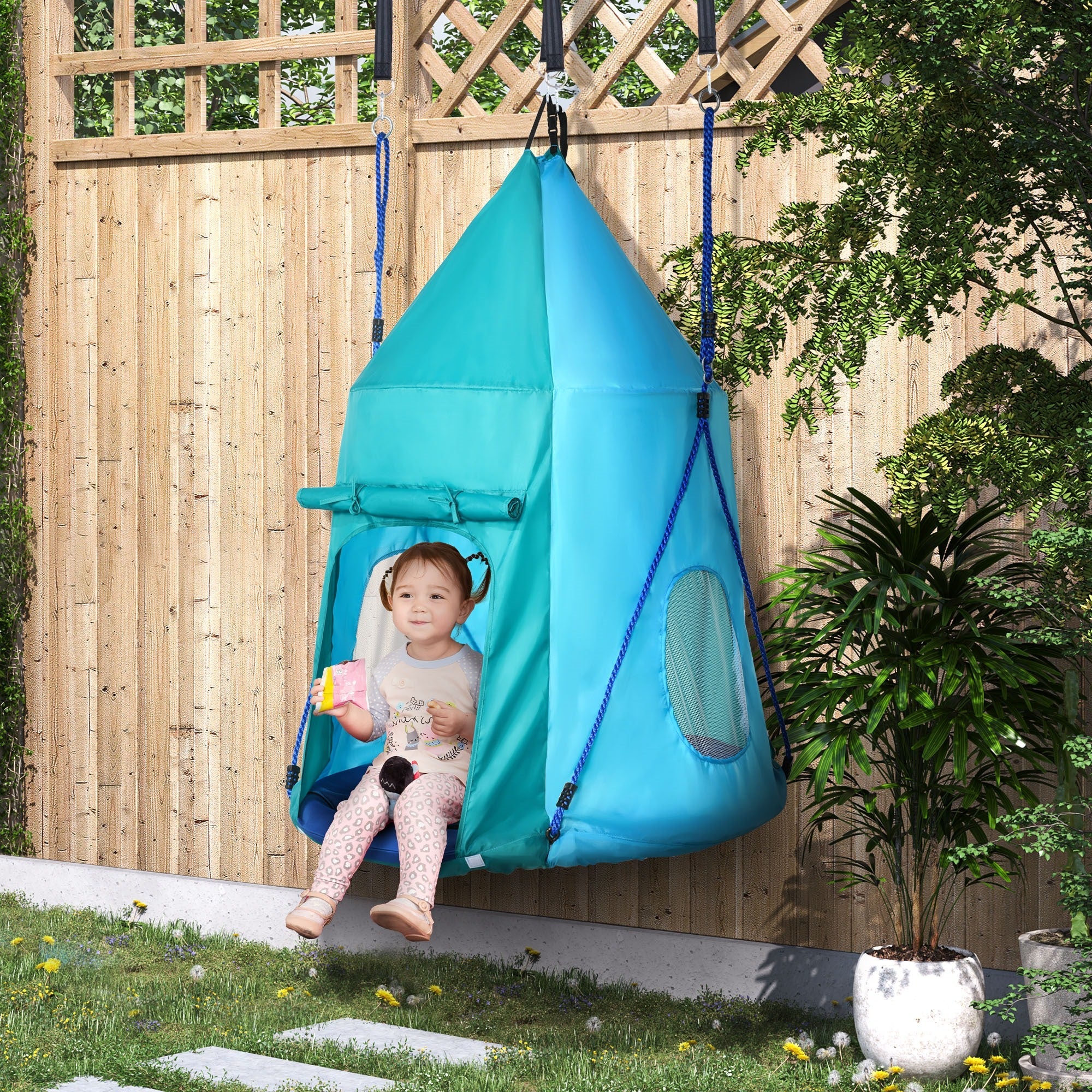 Easycomfort Altalena da Giardino with Tenda per Bambini da 3-8 Anni, Ø100cm e Corde Regolabili, Blu