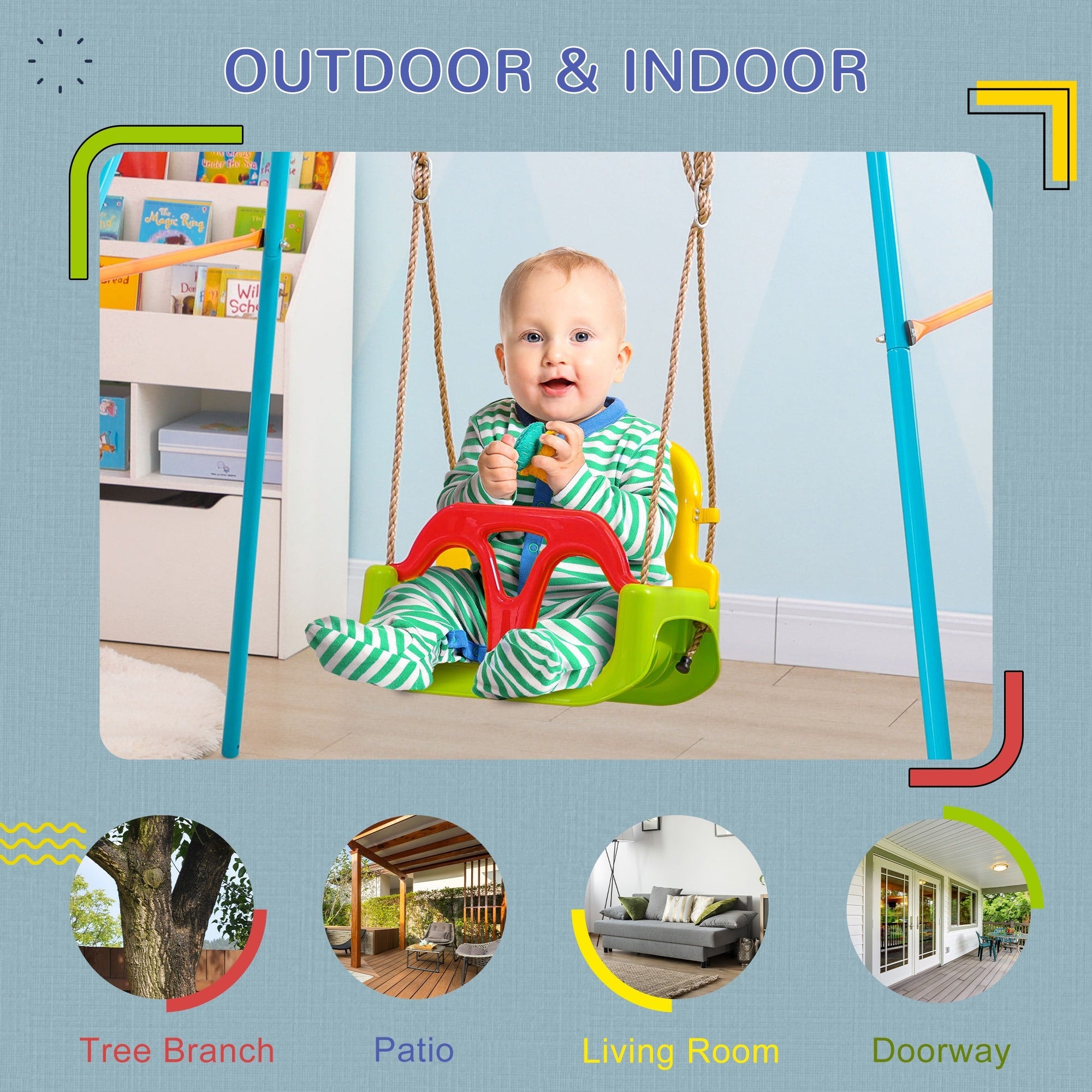 Easycomfort Altalena per Bambini 9-36 Mesi in PP e PE with Corda Regolabile e Cintura, 42x33x120-180 cm