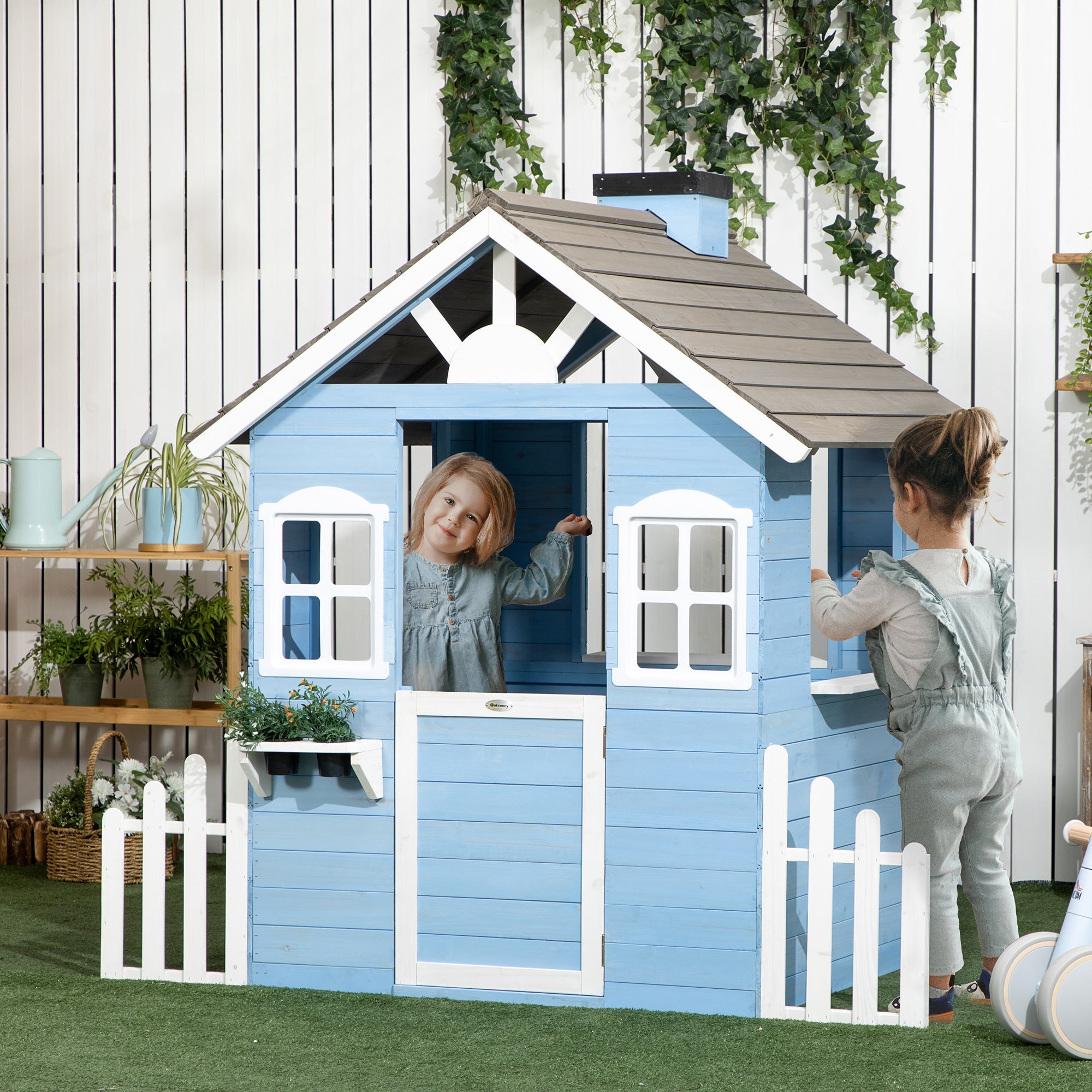 Easycomfort Casa per Bimbi 3-7 Anni with Staccionata, Portavasi, Porta e Finestre, in Legno di Abete, 151x112.5x142 cm, Blu