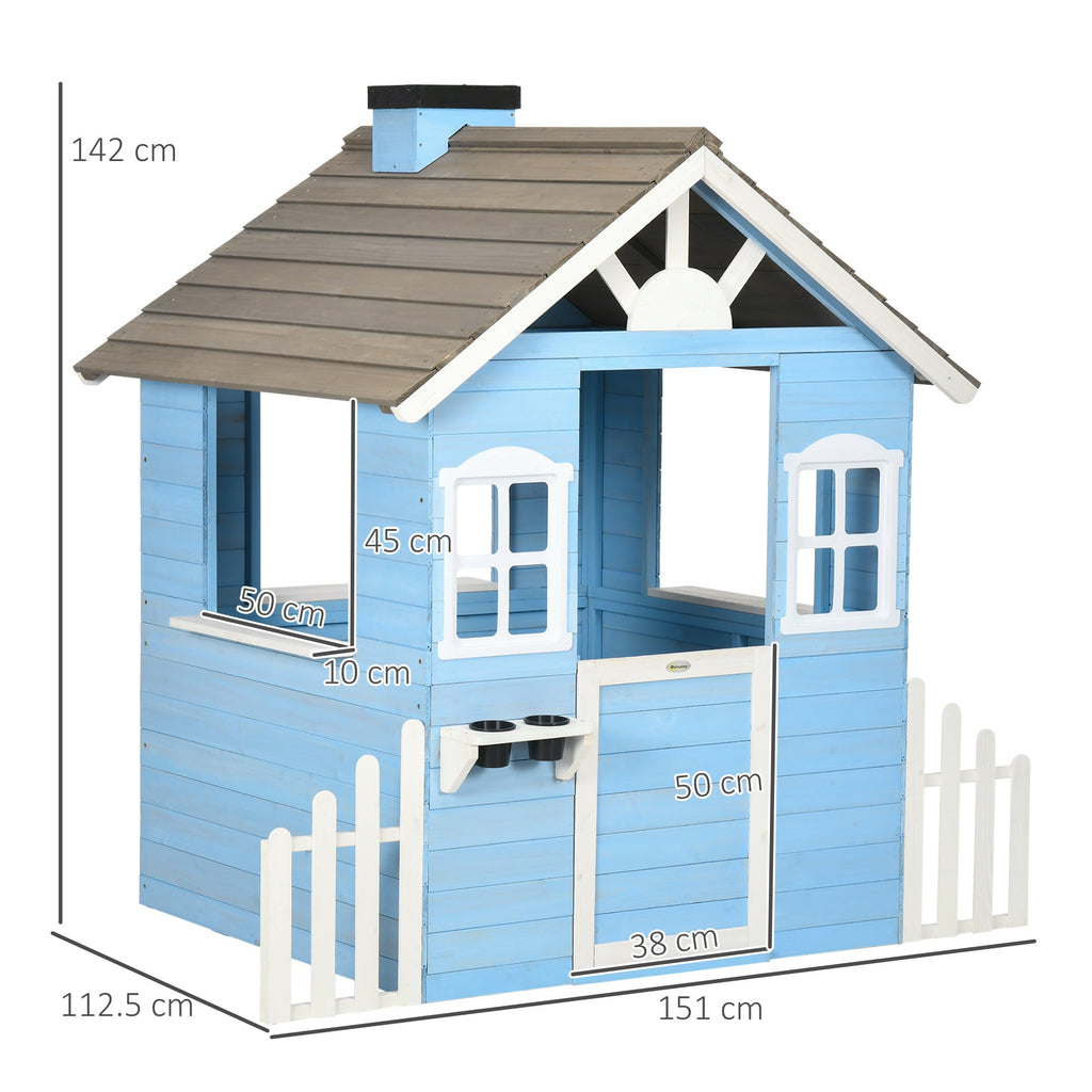 Easycomfort Casa per Bimbi 3-7 Anni with Staccionata, Portavasi, Porta e Finestre, in Legno di Abete, 151x112.5x142 cm, Blu