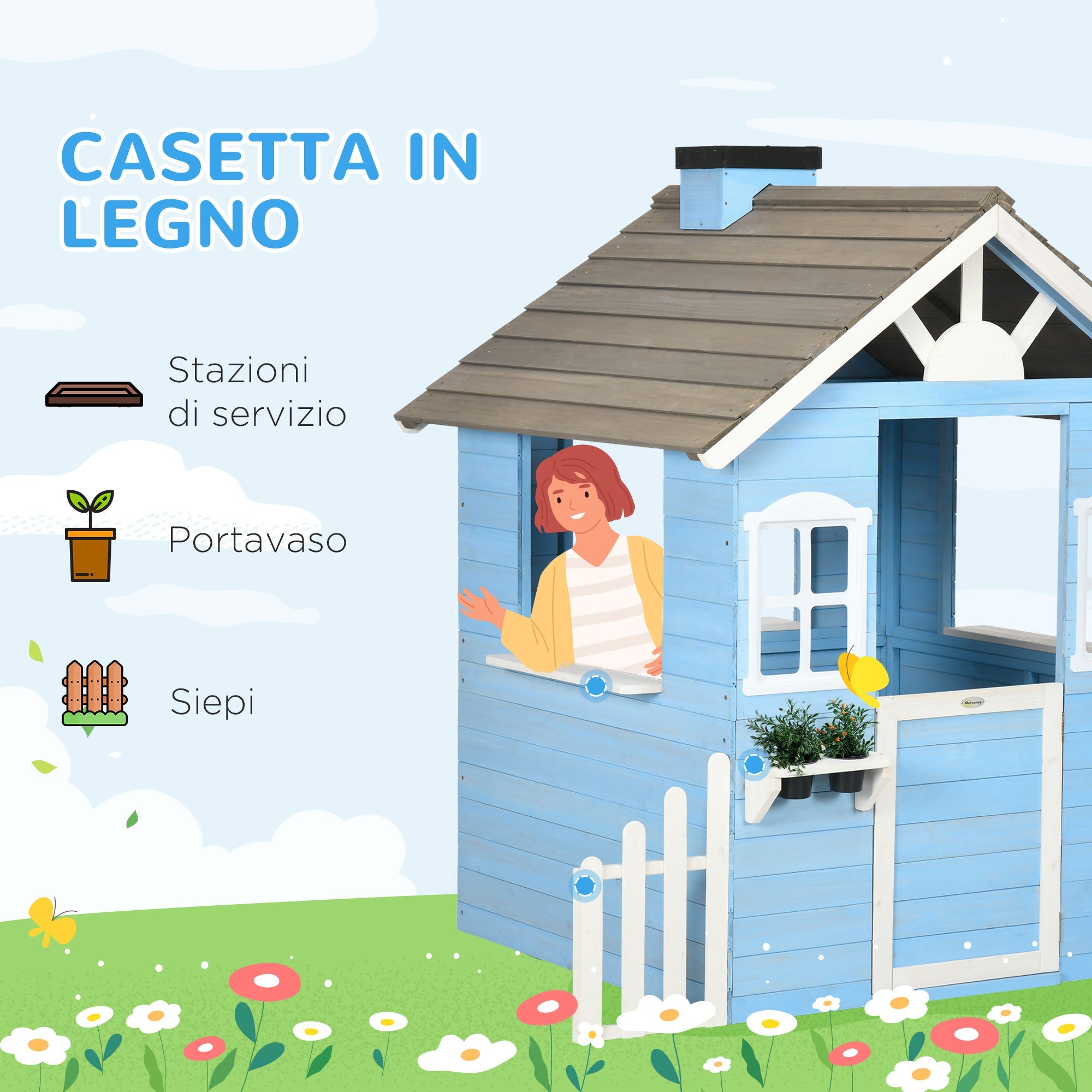 Easycomfort Casa per Bimbi 3-7 Anni with Staccionata, Portavasi, Porta e Finestre, in Legno di Abete, 151x112.5x142 cm, Blu
