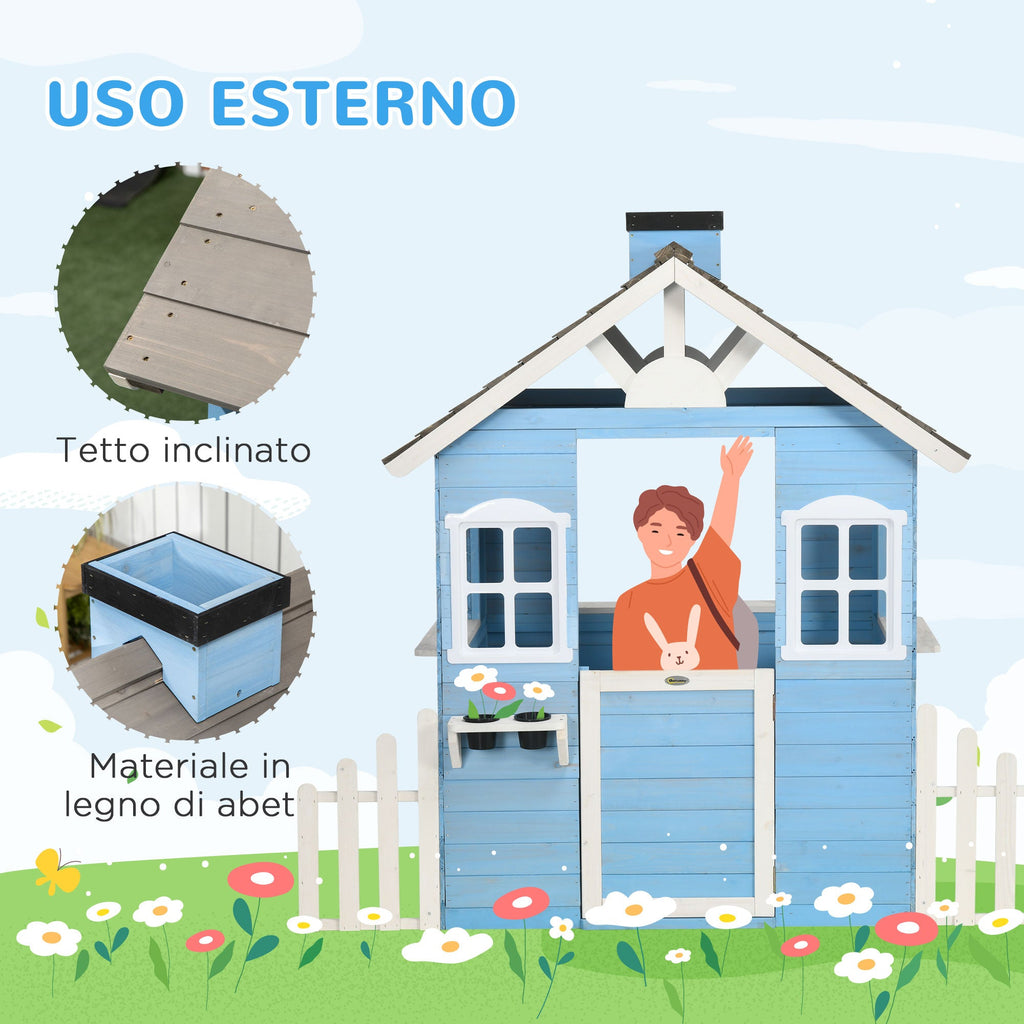 Easycomfort Casa per Bimbi 3-7 Anni with Staccionata, Portavasi, Porta e Finestre, in Legno di Abete, 151x112.5x142 cm, Blu