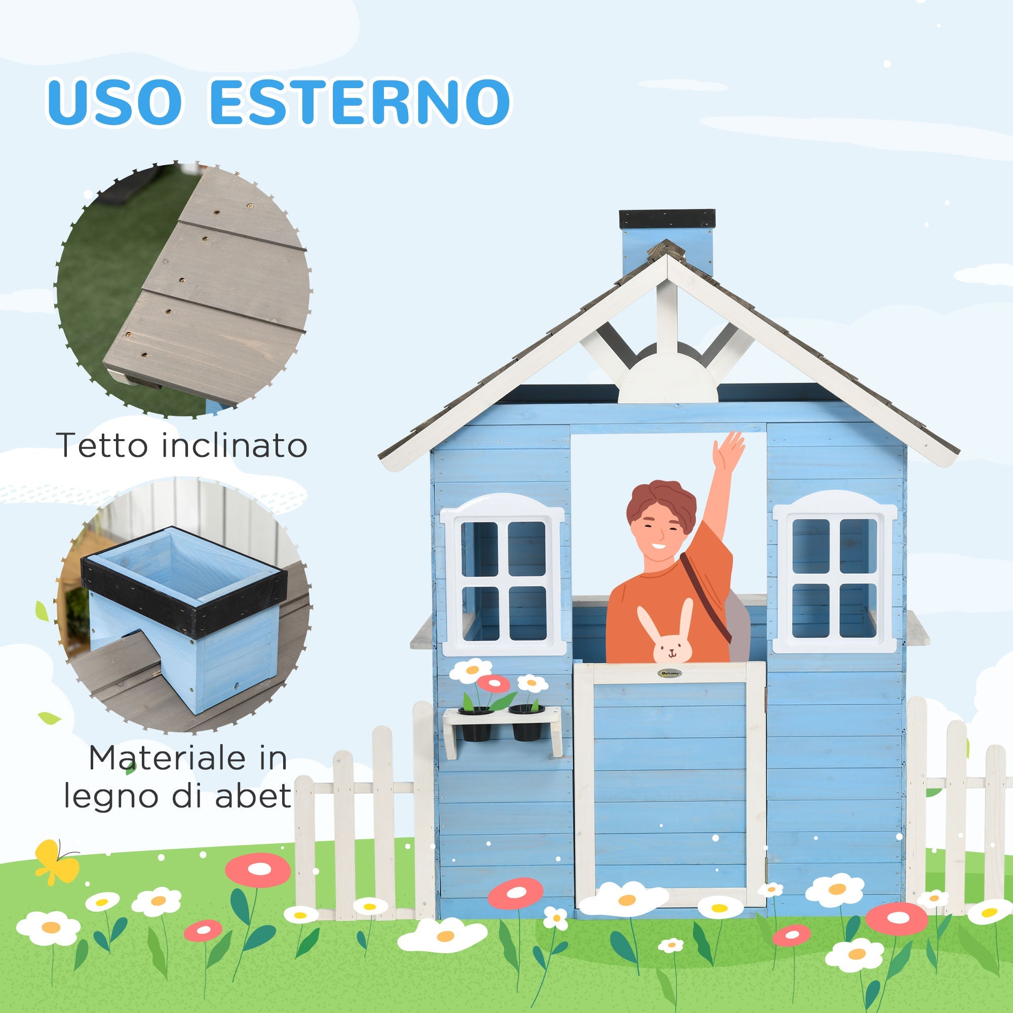 Easycomfort Casa per Bimbi 3-7 Anni with Staccionata, Portavasi, Porta e Finestre, in Legno di Abete, 151x112.5x142 cm, Blu