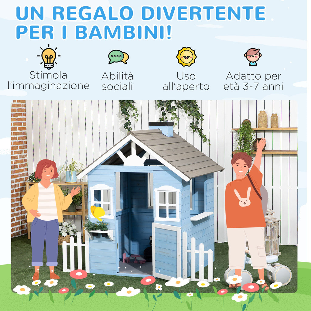 Easycomfort Casa per Bimbi 3-7 Anni with Staccionata, Portavasi, Porta e Finestre, in Legno di Abete, 151x112.5x142 cm, Blu