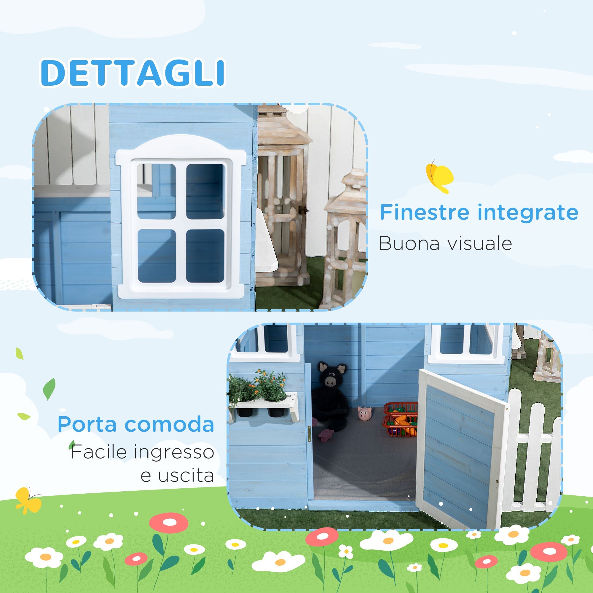 Easycomfort Casa per Bimbi 3-7 Anni with Staccionata, Portavasi, Porta e Finestre, in Legno di Abete, 151x112.5x142 cm, Blu