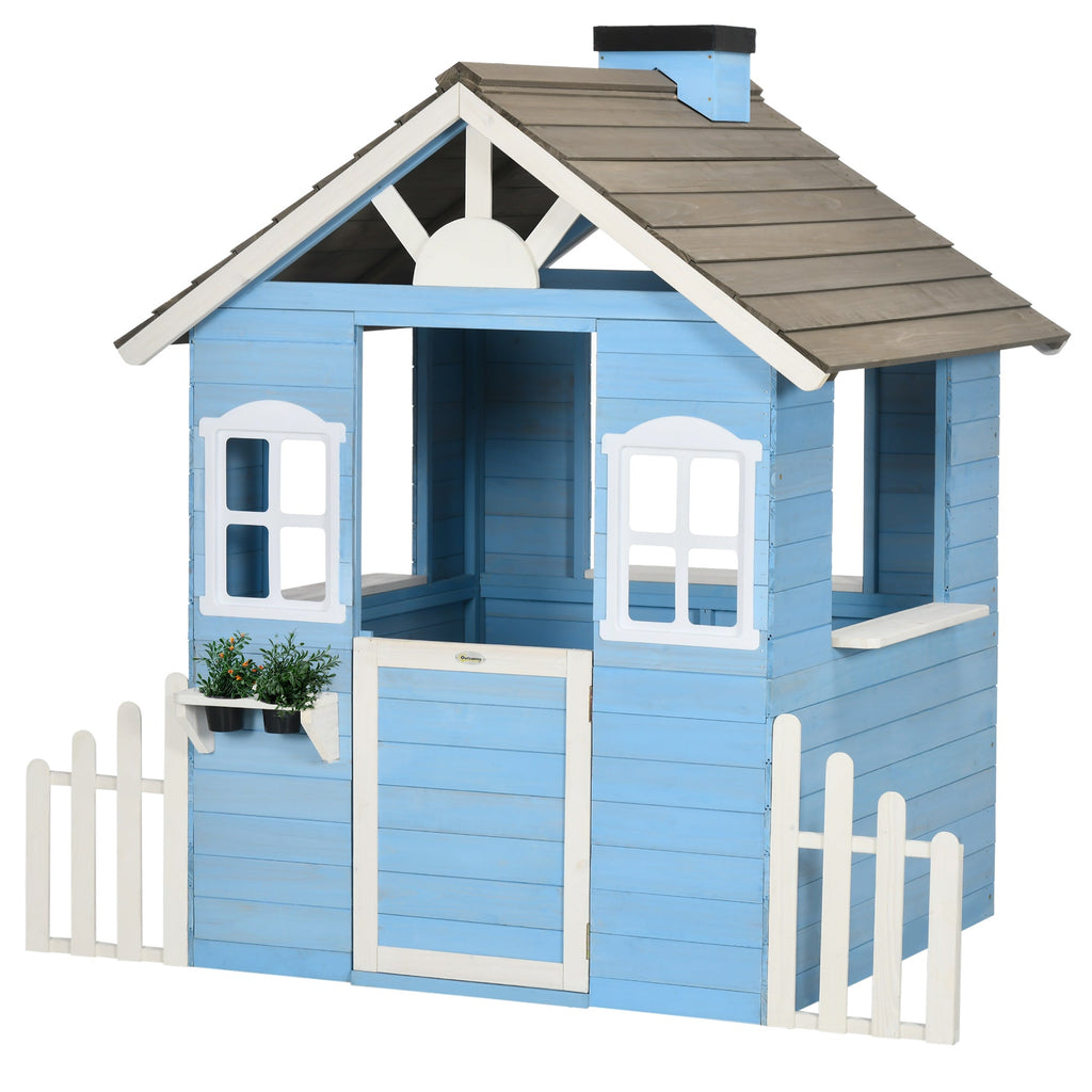 Easycomfort Casa per Bimbi 3-7 Anni with Staccionata, Portavasi, Porta e Finestre, in Legno di Abete, 151x112.5x142 cm, Blu