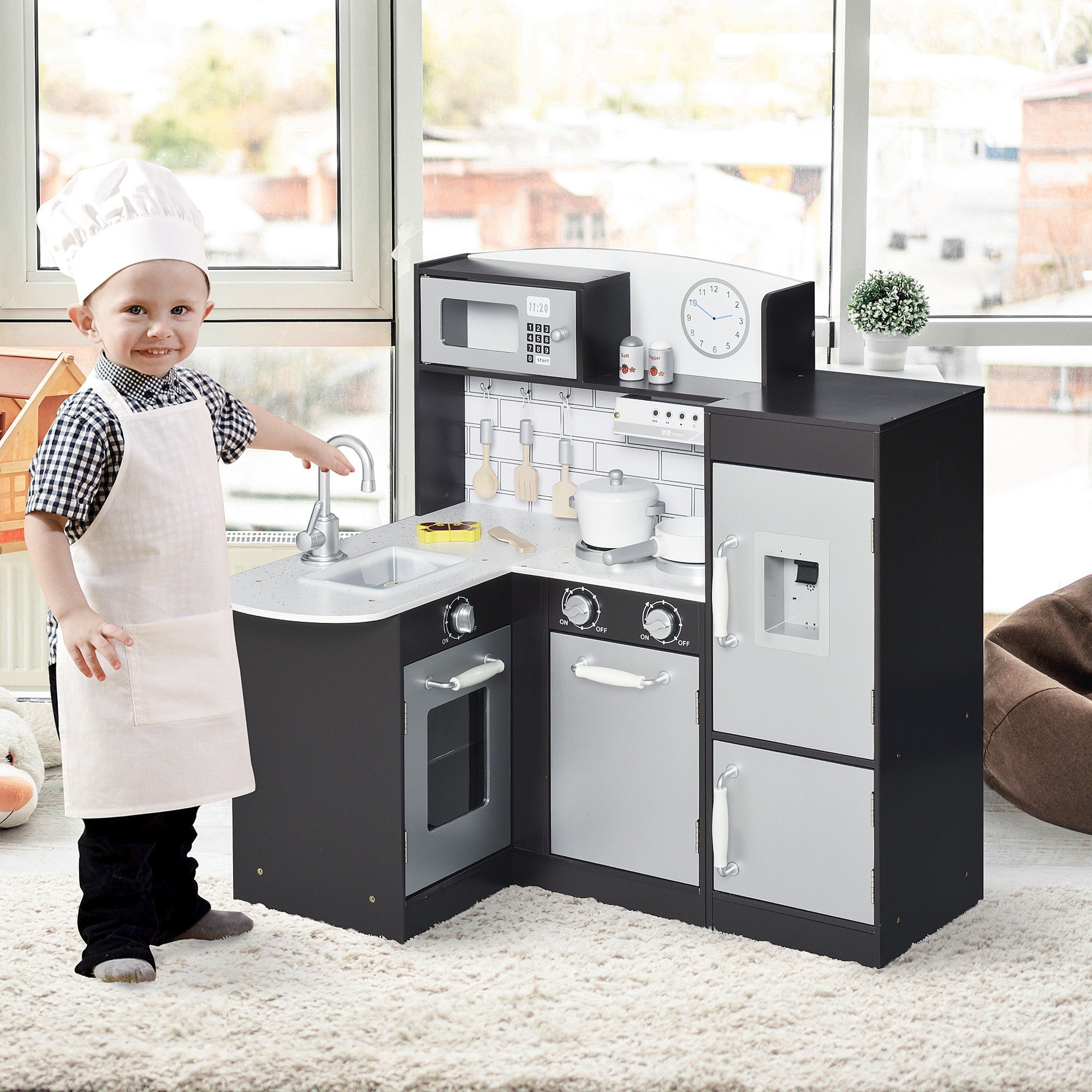 Easycomfort Cucina Giocattolo per Bambini in Legno con 14 Accessori, Forno, Lavandino, Frigo e Microonde, Età 3+ Anni, 86x64x84.5cm, Argento e Marrone