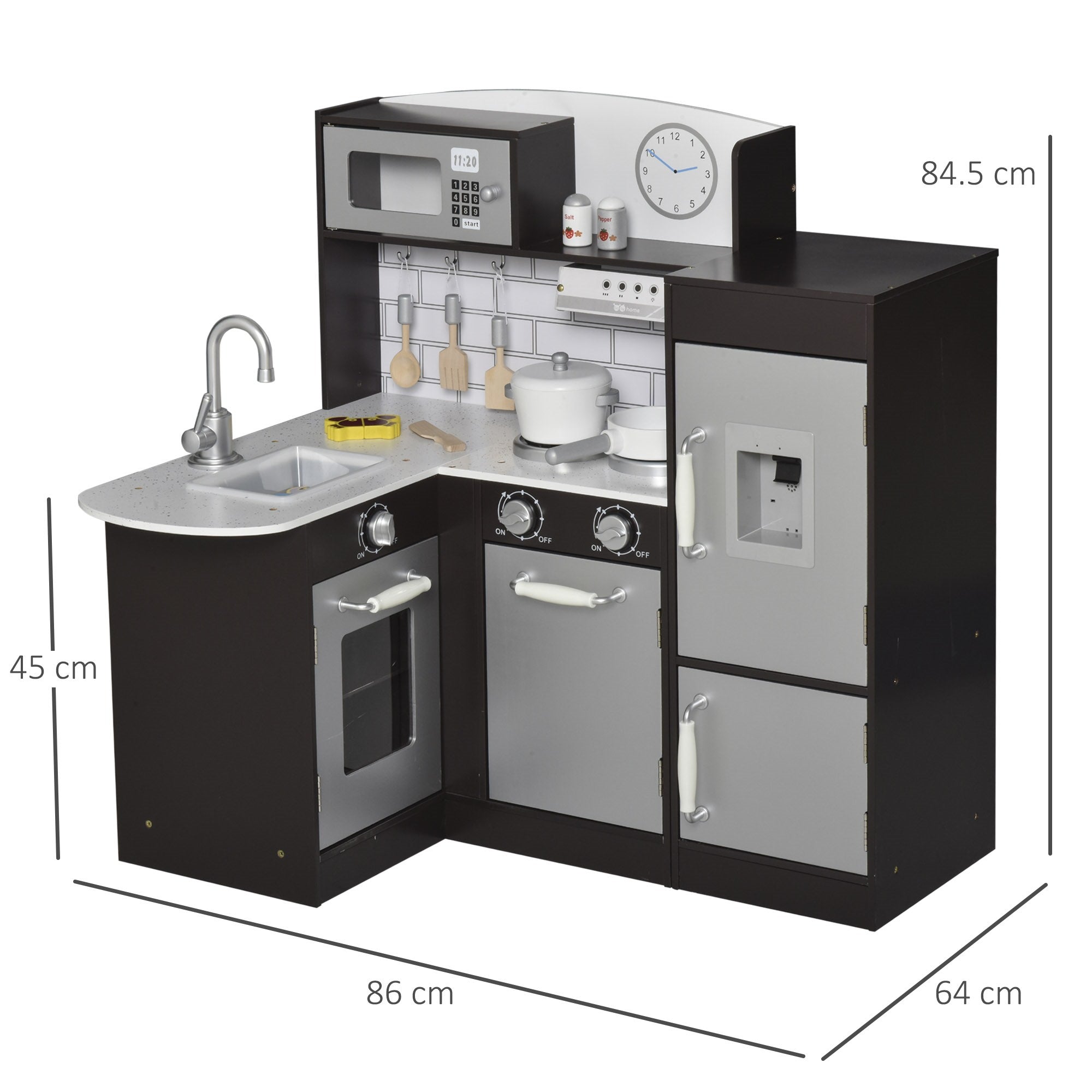 Easycomfort Cucina Giocattolo per Bambini in Legno con 14 Accessori, Forno, Lavandino, Frigo e Microonde, Età 3+ Anni, 86x64x84.5cm, Argento e Marrone