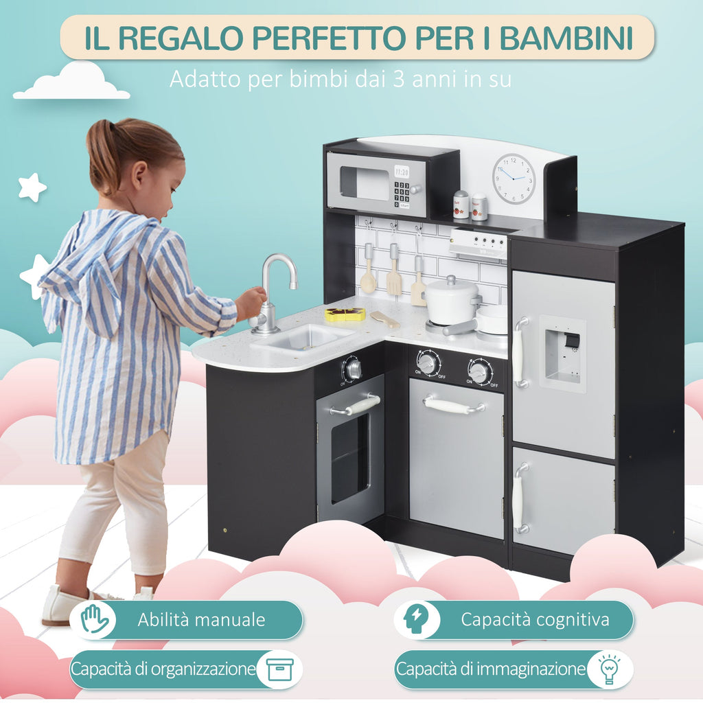 Easycomfort Cucina Giocattolo per Bambini in Legno con 14 Accessori, Forno, Lavandino, Frigo e Microonde, Età 3+ Anni, 86x64x84.5cm, Argento e Marrone