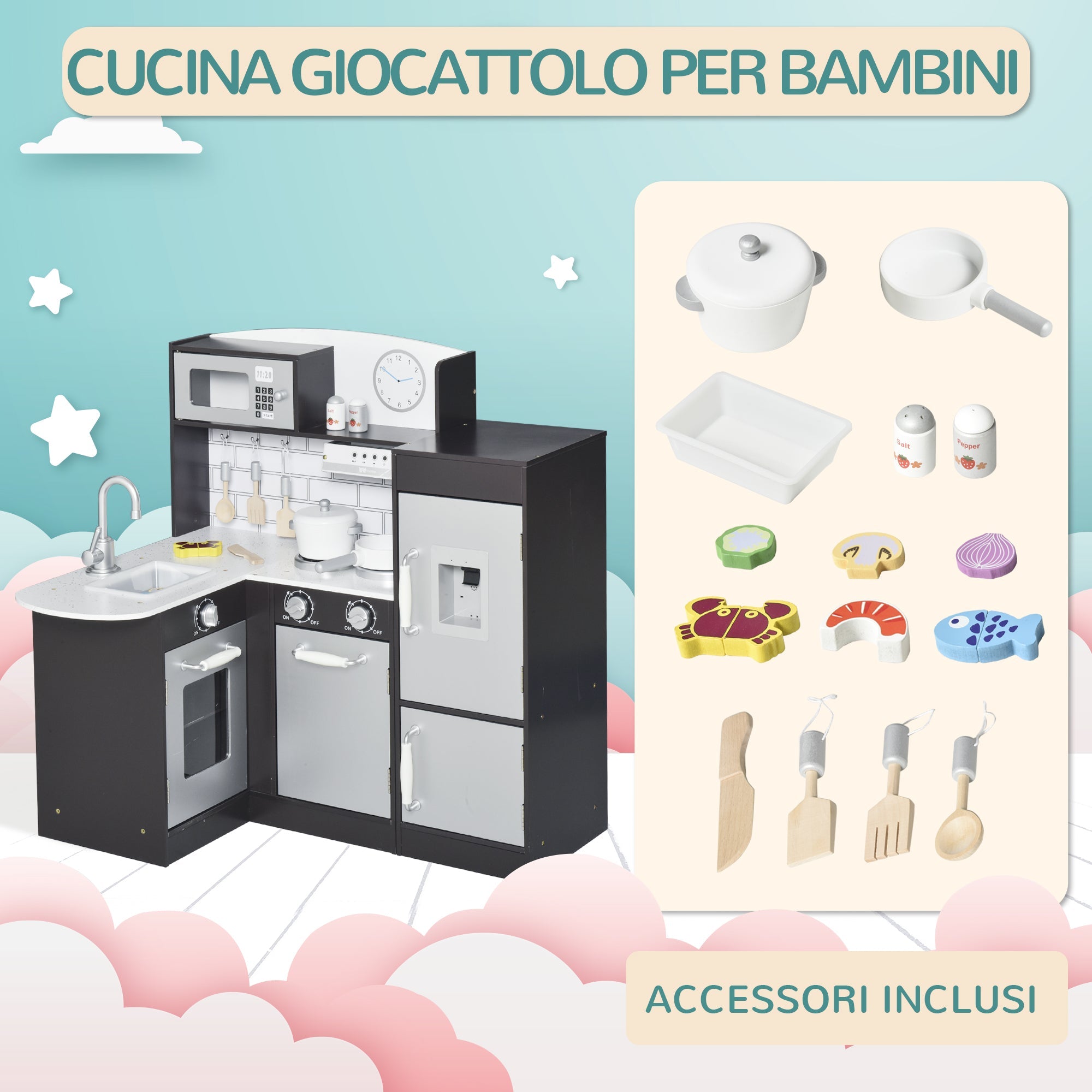 Easycomfort Cucina Giocattolo per Bambini in Legno con 14 Accessori, Forno, Lavandino, Frigo e Microonde, Età 3+ Anni, 86x64x84.5cm, Argento e Marrone