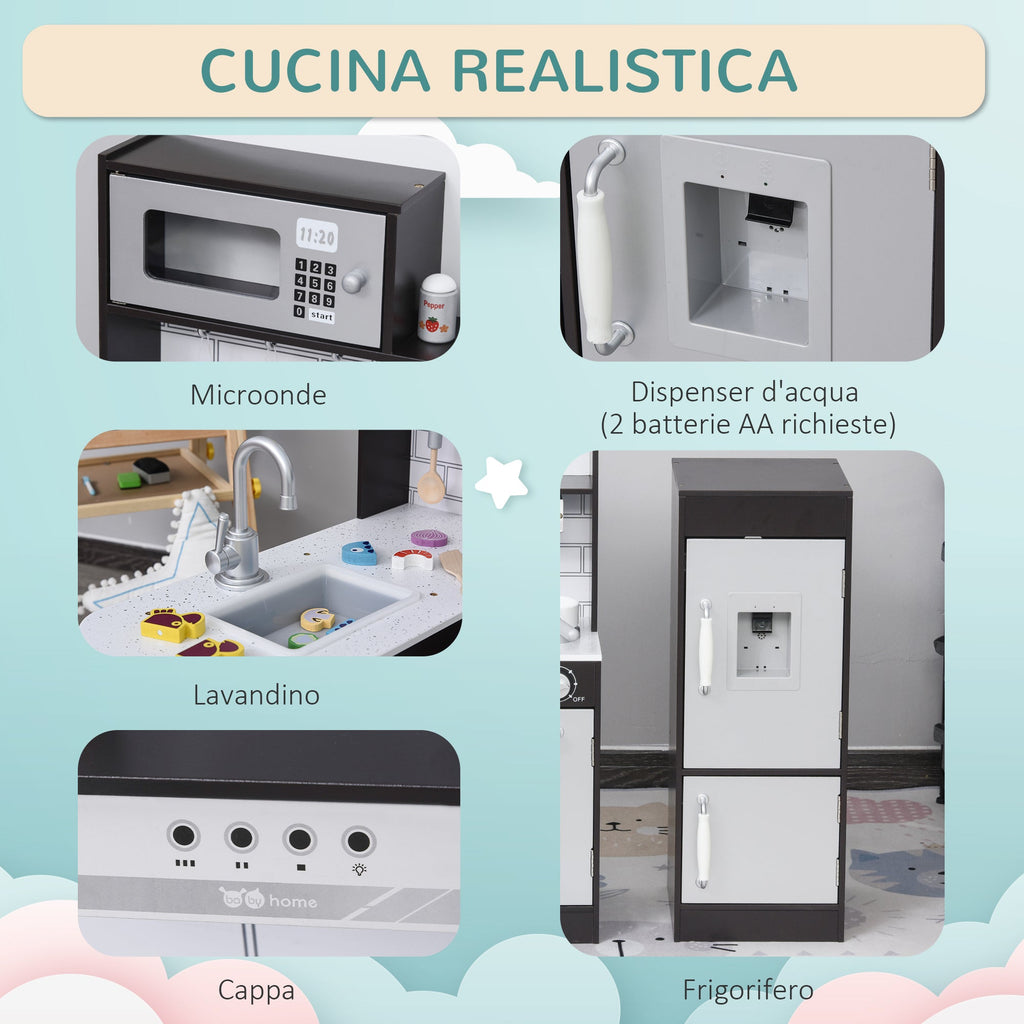 Easycomfort Cucina Giocattolo per Bambini in Legno con 14 Accessori, Forno, Lavandino, Frigo e Microonde, Età 3+ Anni, 86x64x84.5cm, Argento e Marrone