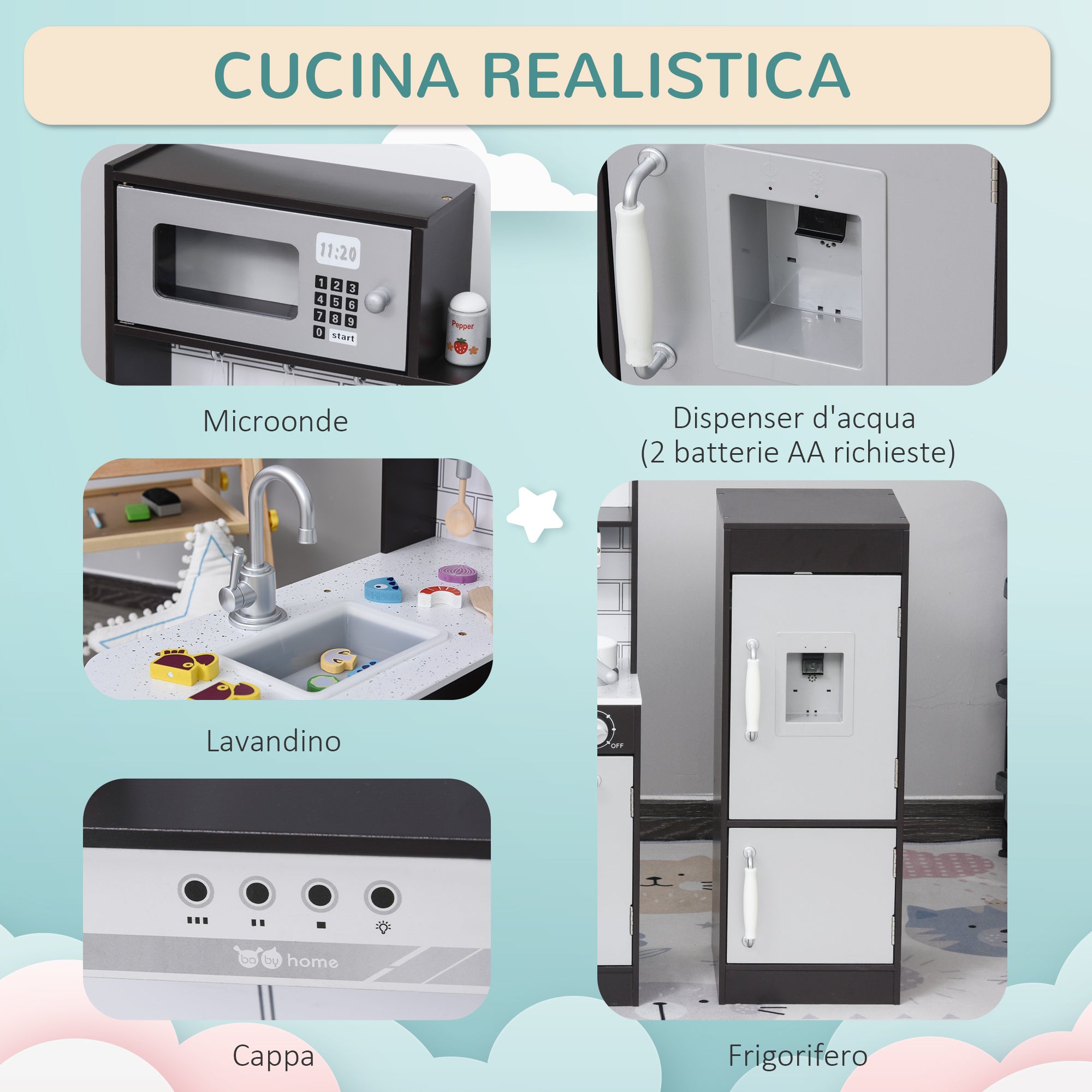 Easycomfort Cucina Giocattolo per Bambini in Legno con 14 Accessori, Forno, Lavandino, Frigo e Microonde, Età 3+ Anni, 86x64x84.5cm, Argento e Marrone