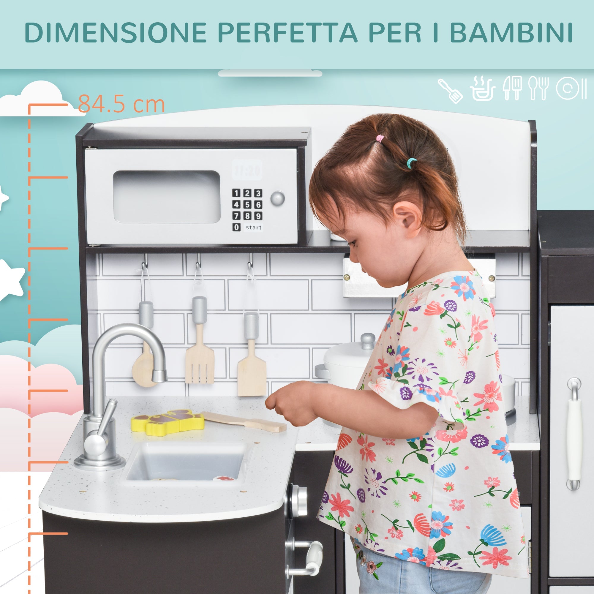 Easycomfort Cucina Giocattolo per Bambini in Legno con 14 Accessori, Forno, Lavandino, Frigo e Microonde, Età 3+ Anni, 86x64x84.5cm, Argento e Marrone