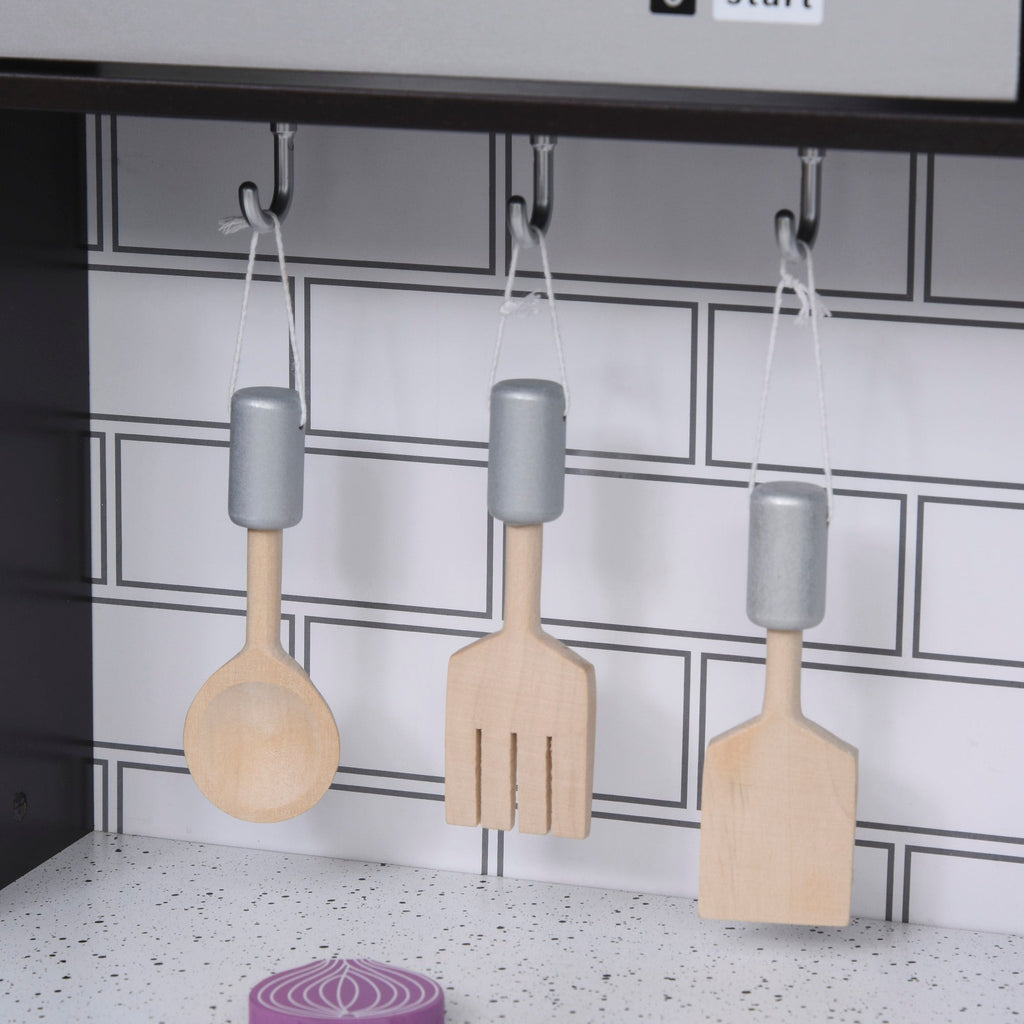Easycomfort Cucina Giocattolo per Bambini in Legno con 14 Accessori, Forno, Lavandino, Frigo e Microonde, Età 3+ Anni, 86x64x84.5cm, Argento e Marrone