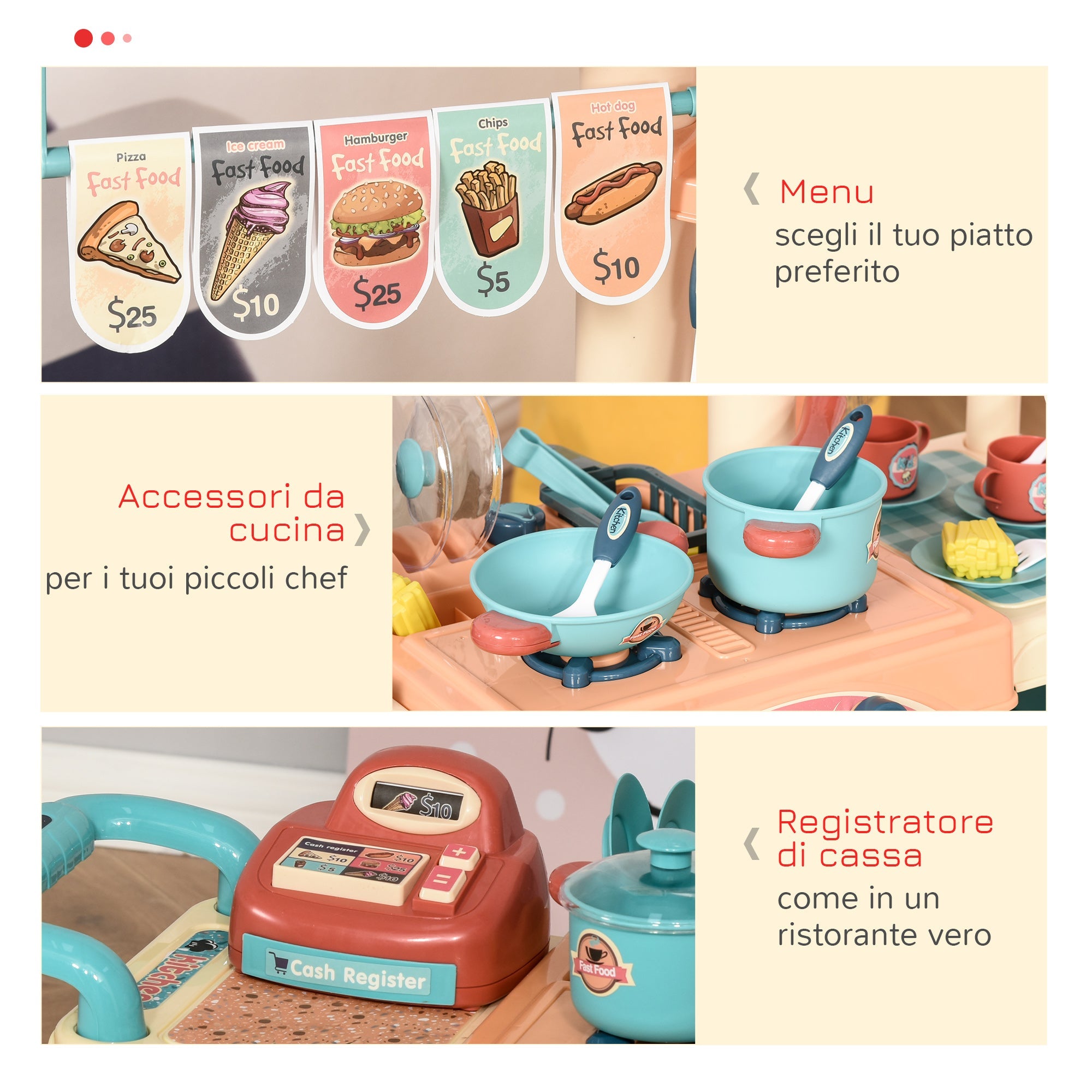 Easycomfort Cucina Giocattolo Per Bambini 3-6 Anni, Caffetteria Ristorante with 50 Accessori Inclusi, 79.5 x 33 x 90.5cm