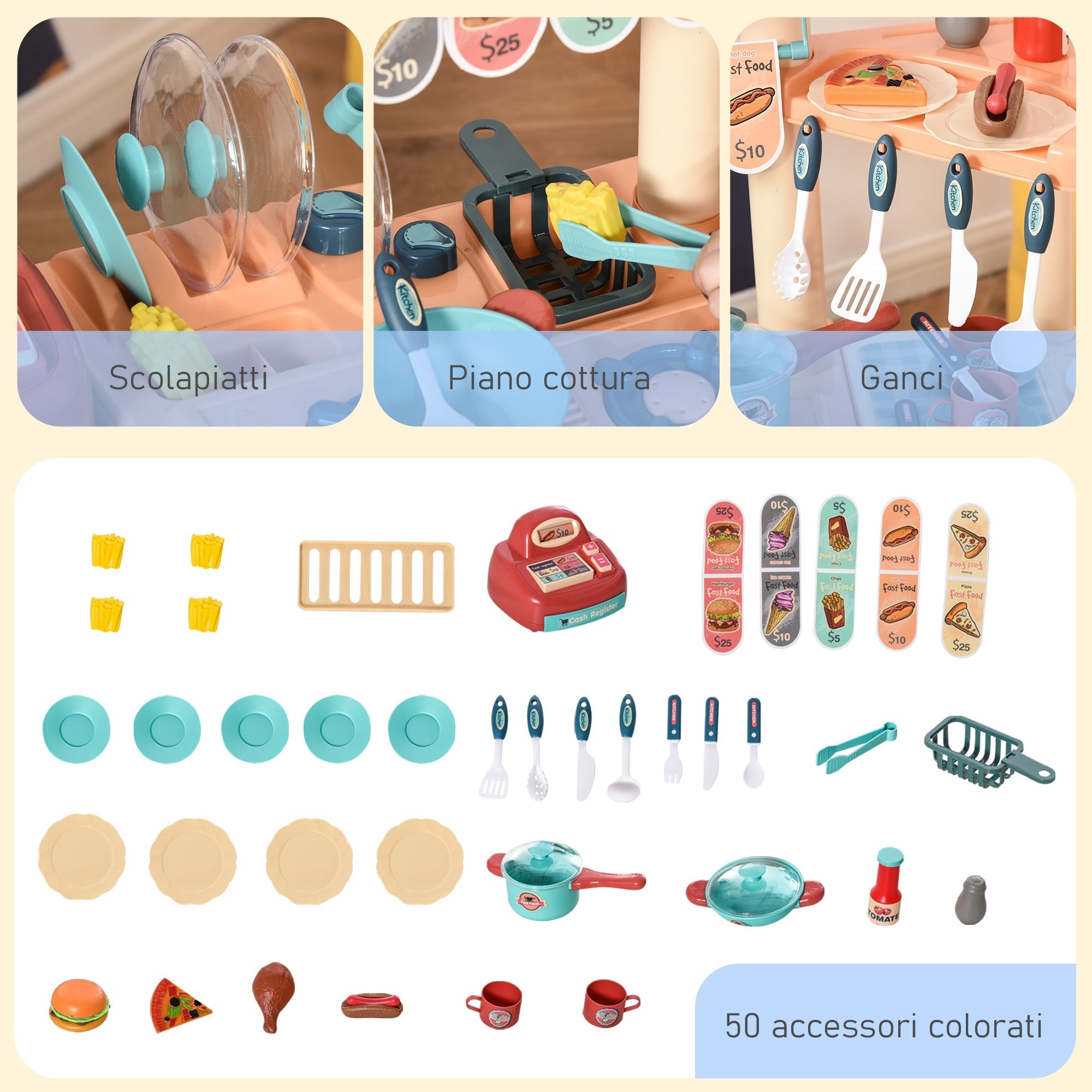 Easycomfort Cucina Giocattolo Per Bambini 3-6 Anni, Caffetteria Ristorante with 50 Accessori Inclusi, 79.5 x 33 x 90.5cm