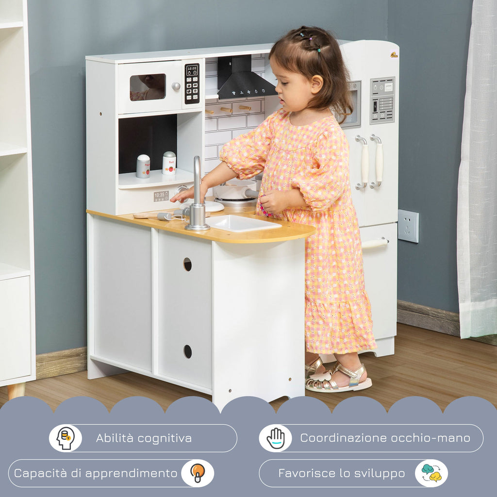 Easycomfort Cucina Giocattolo in Legno per Bambini 3-6 Anni con 14 Accessori, Forno e Lavandino, 82x65x87 cm, Bianco