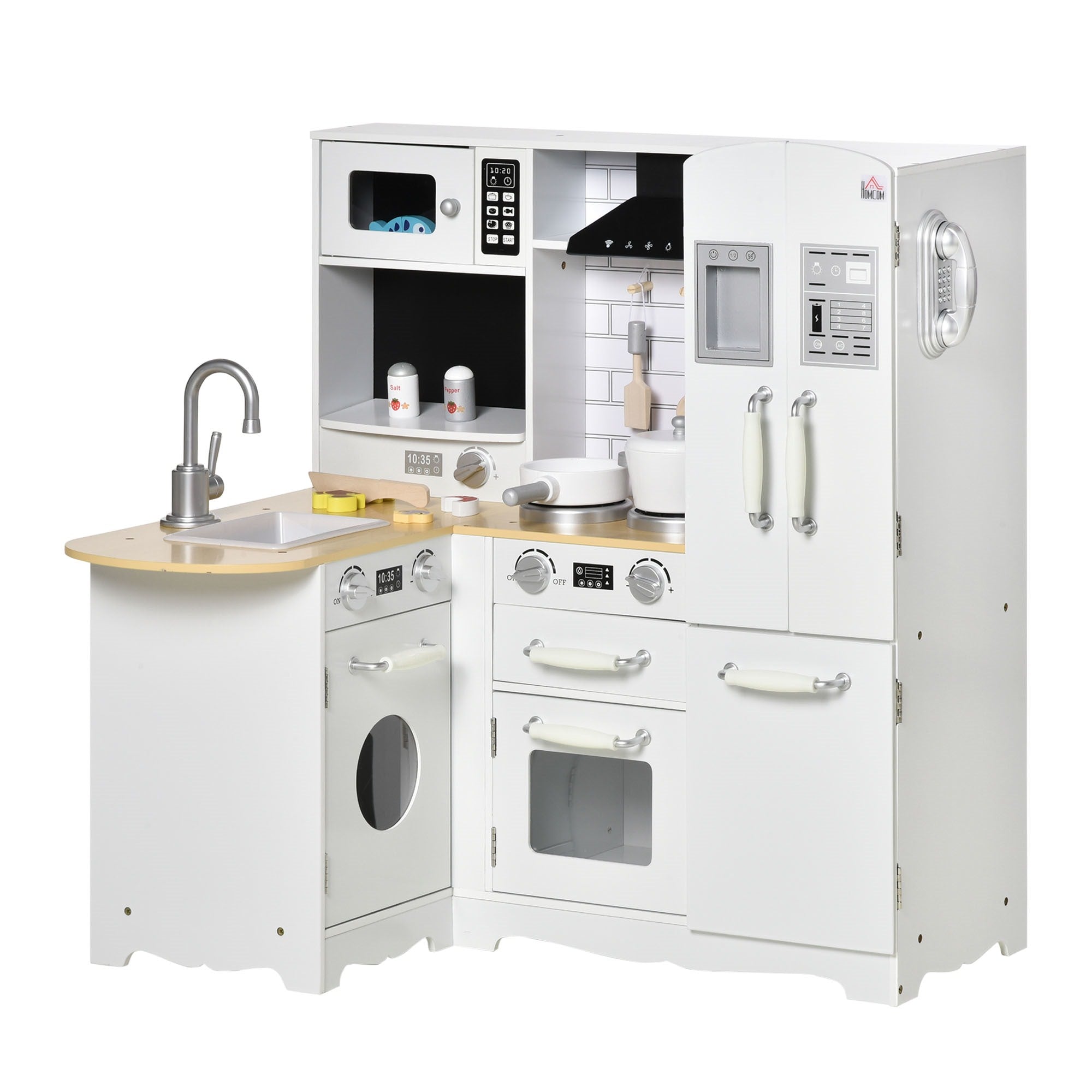 Easycomfort Cucina Giocattolo in Legno per Bambini 3-6 Anni con 14 Accessori, Forno e Lavandino, 82x65x87 cm, Bianco
