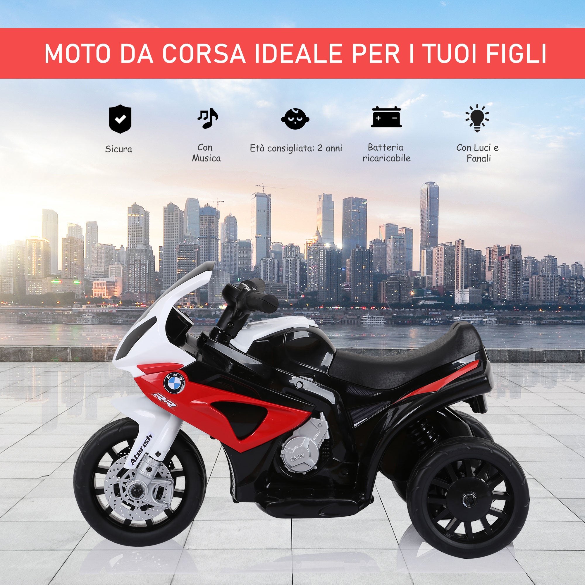 Easycomfort Moto Elettrica per Bambini Max. 20kg with Licenza BMW, 3 Ruote, Batteria Ricaricabile 6V, white Rosso, 66x37x44cm