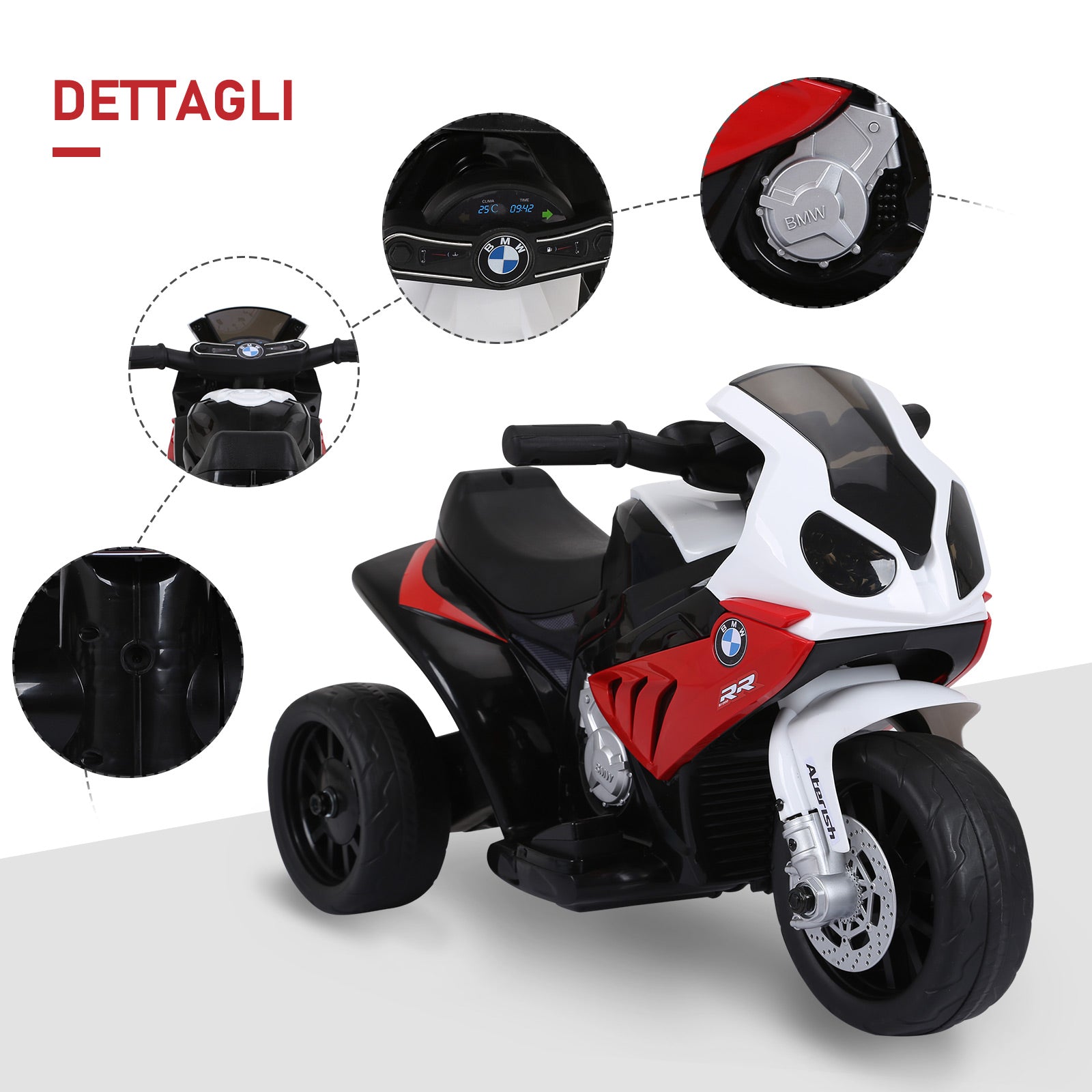 Easycomfort Moto Elettrica per Bambini Max. 20kg with Licenza BMW, 3 Ruote, Batteria Ricaricabile 6V, white Rosso, 66x37x44cm