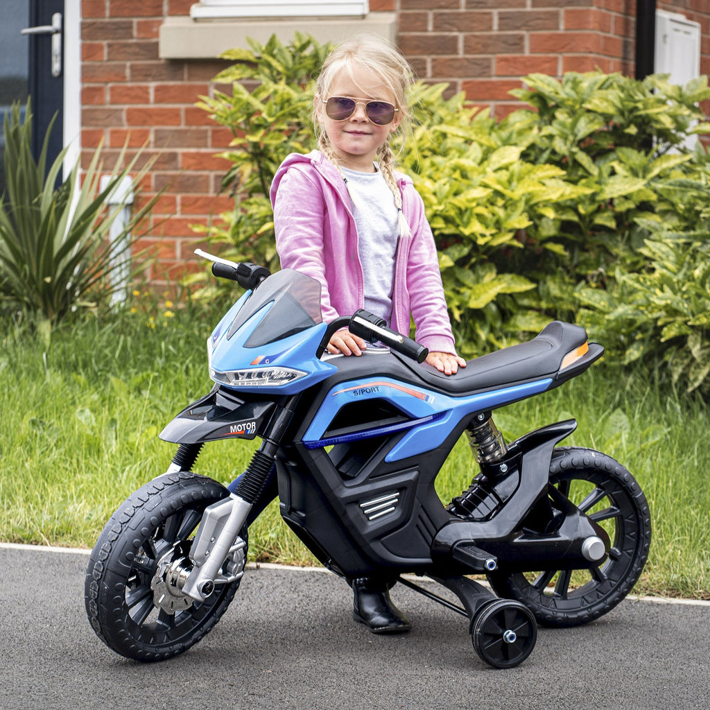 Easycomfort Moto Elettrica per Bambini da 6V with Rotelle e Fari, in PP e Metallo, 105x52.3x62.3 cm, Azzurro e black