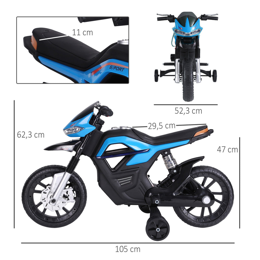 Easycomfort Moto Elettrica per Bambini da 6V with Rotelle e Fari, in PP e Metallo, 105x52.3x62.3 cm, Azzurro e black
