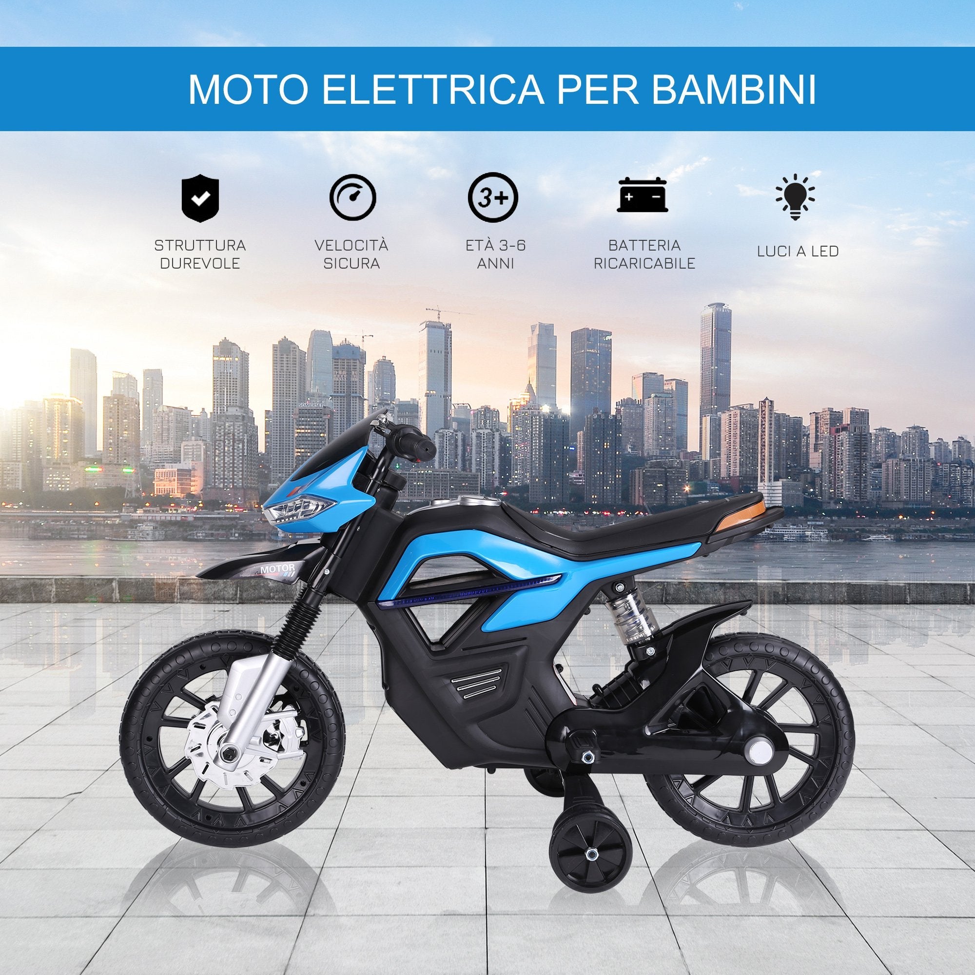 Easycomfort Moto Elettrica per Bambini da 6V with Rotelle e Fari, in PP e Metallo, 105x52.3x62.3 cm, Azzurro e black