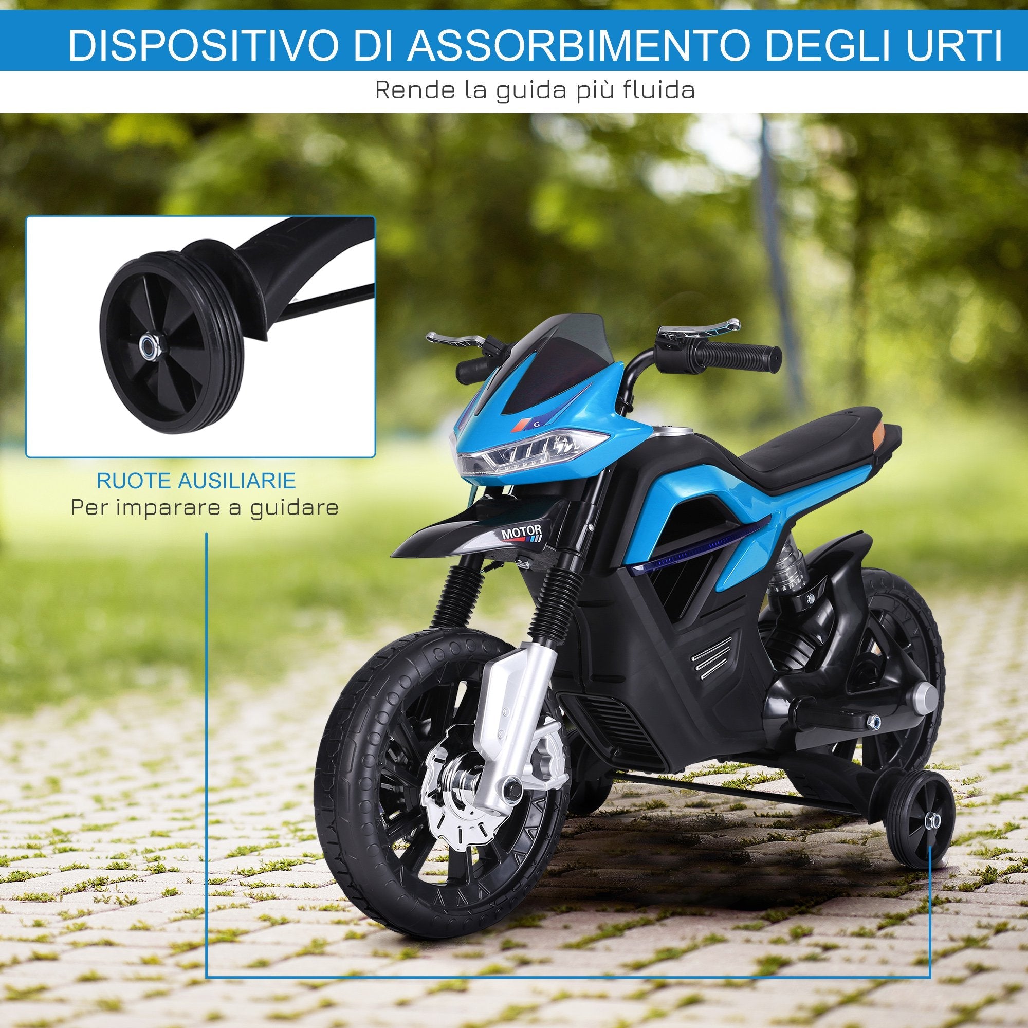 Easycomfort Moto Elettrica per Bambini da 6V with Rotelle e Fari, in PP e Metallo, 105x52.3x62.3 cm, Azzurro e black