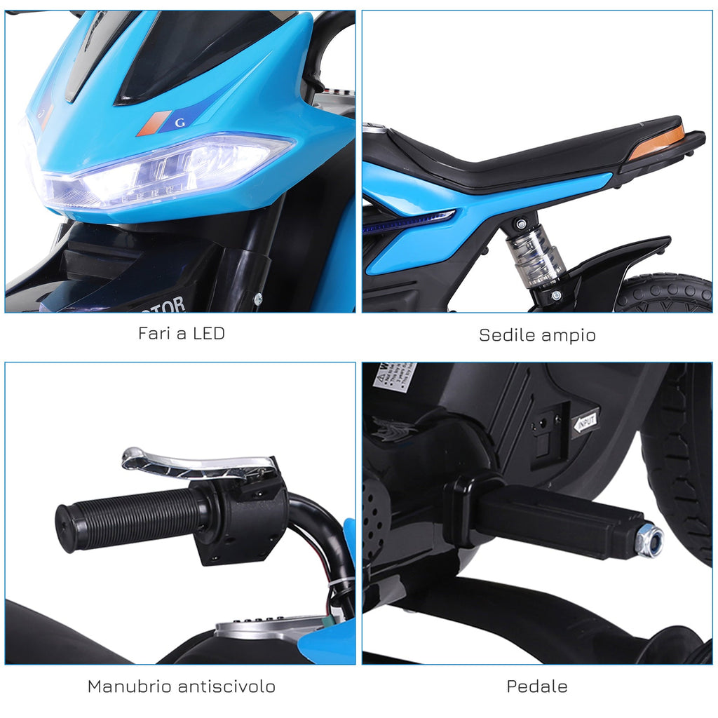 Easycomfort Moto Elettrica per Bambini da 6V with Rotelle e Fari, in PP e Metallo, 105x52.3x62.3 cm, Azzurro e black