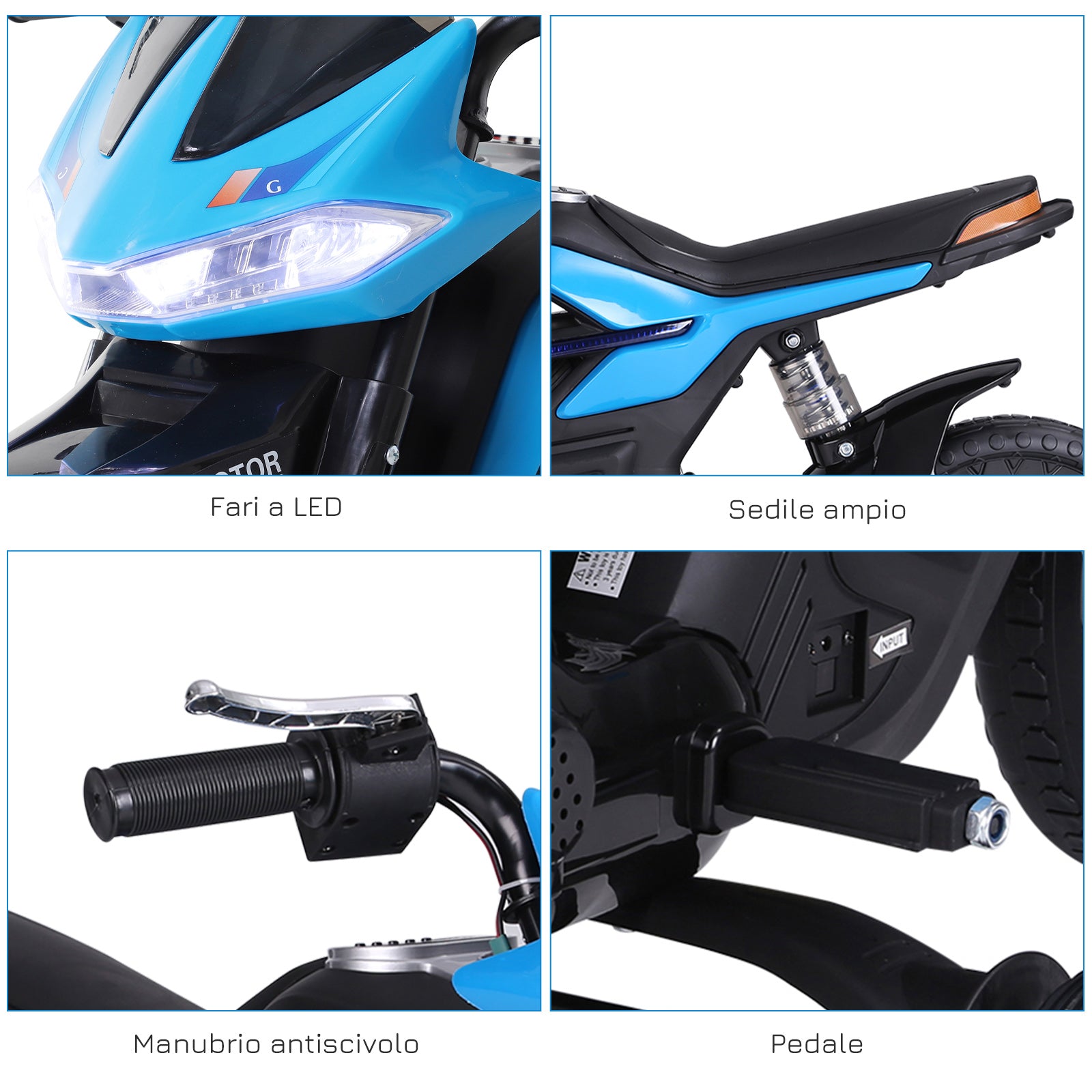 Easycomfort Moto Elettrica per Bambini da 6V with Rotelle e Fari, in PP e Metallo, 105x52.3x62.3 cm, Azzurro e black