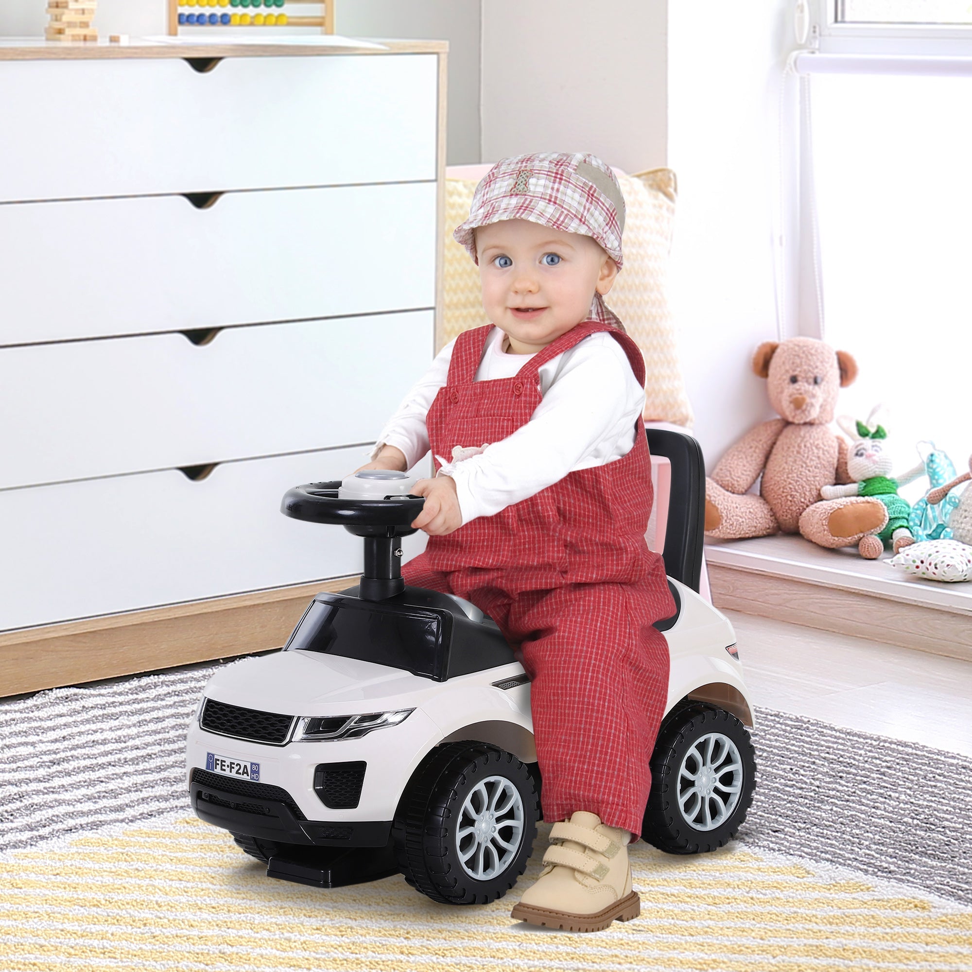 Easycomfort Macchina Cavalcabile Giocattolo per Bambini 12-36 Mesi, Macchina a Spinta with Vano Contenitore e Schienale, Bianca