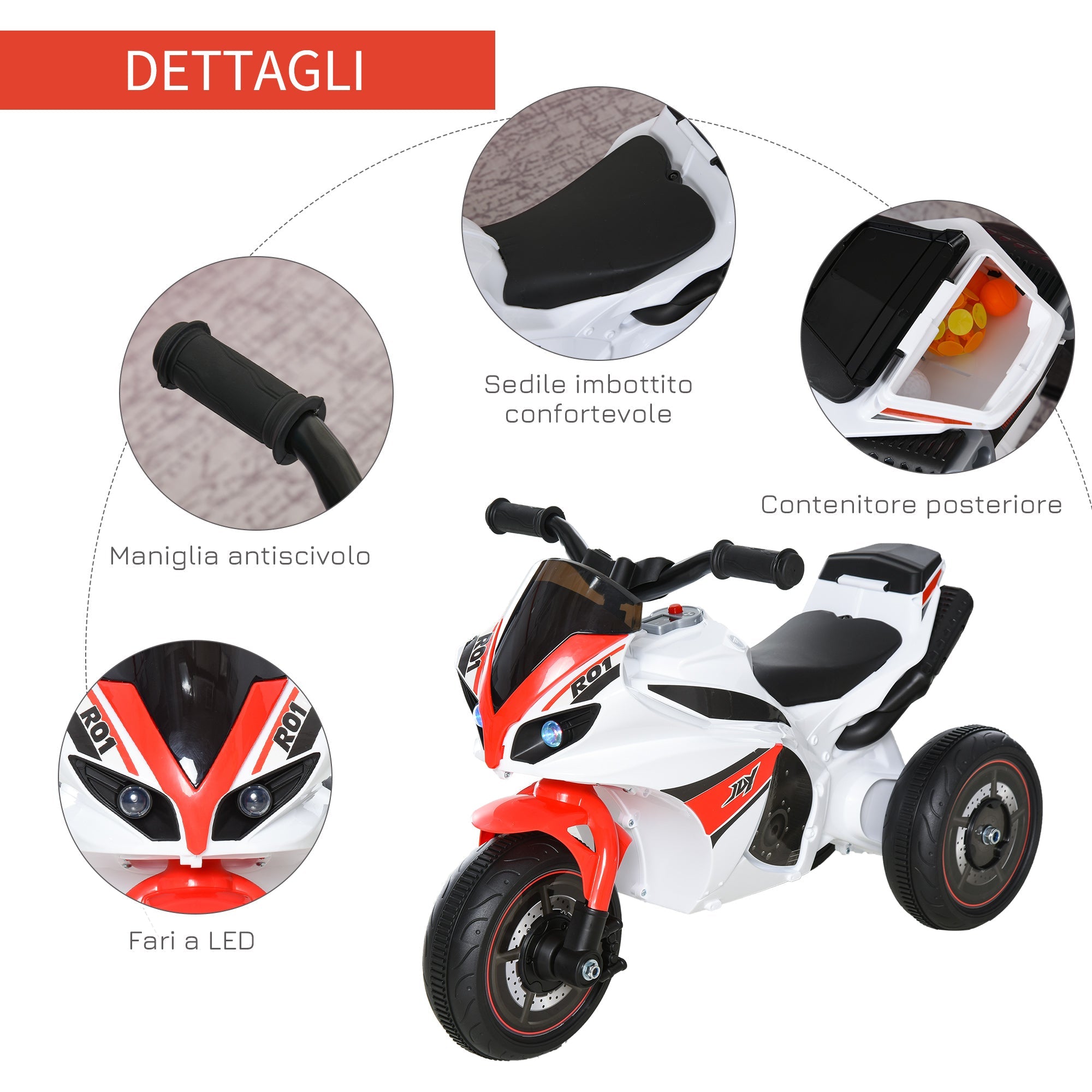 Easycomfort Moto a 3 Ruote per Bambini 18-36 Mesi with Musica Fari Senza Pedale in PP Metallo Bianca Rossa