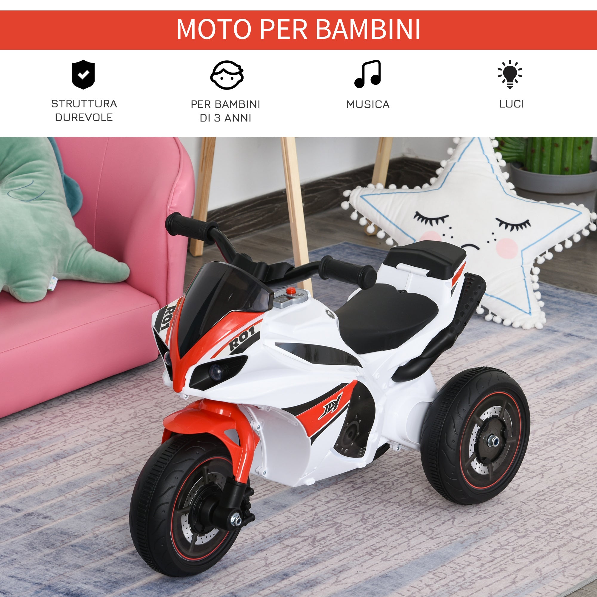 Easycomfort Moto a 3 Ruote per Bambini 18-36 Mesi with Musica Fari Senza Pedale in PP Metallo Bianca Rossa