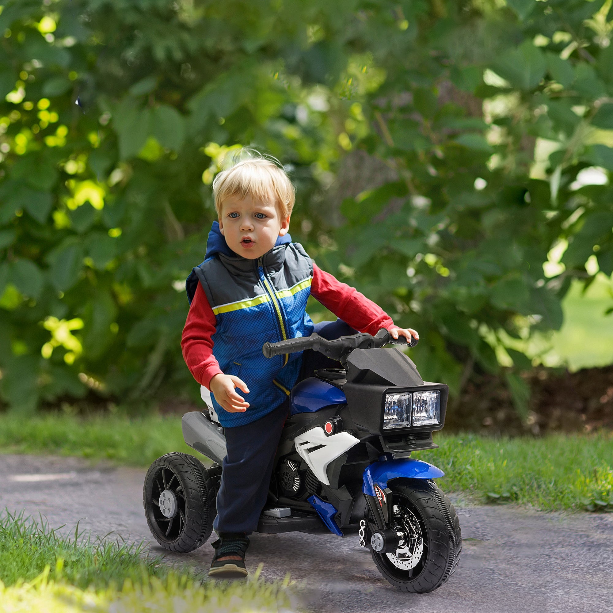 Easycomfort Moto Elettrica per Bambini 3-5 Anni 6V (max. 25kg), Velocità 3km/h, with 3 Ruote, Luci e Suoni, Blu e black, 86x42x52cm