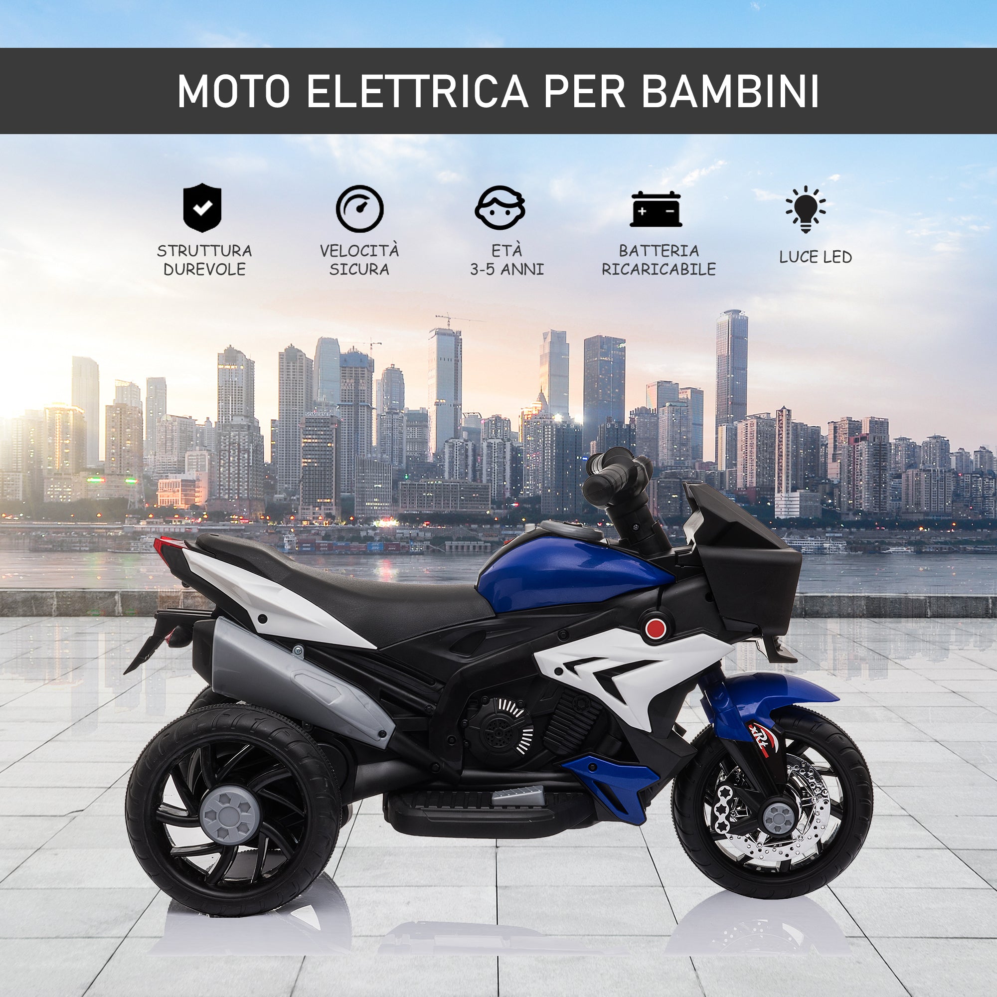 Easycomfort Moto Elettrica per Bambini 3-5 Anni 6V (max. 25kg), Velocità 3km/h, with 3 Ruote, Luci e Suoni, Blu e black, 86x42x52cm