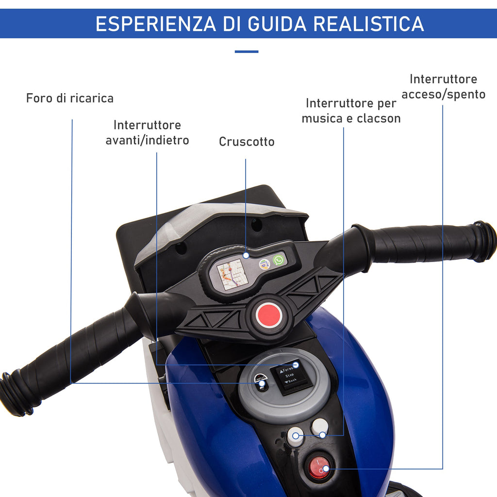 Easycomfort Moto Elettrica per Bambini 3-5 Anni 6V (max. 25kg), Velocità 3km/h, with 3 Ruote, Luci e Suoni, Blu e black, 86x42x52cm